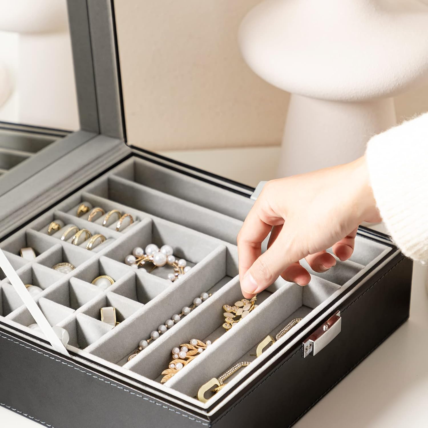 Oyydecor Black Jewelry Box Organizer 2 Layers Large Mirror PU Leather Jewelry Storage Case Drawer with Removable Display Tray for Necklace Earrings Rings Bracelets