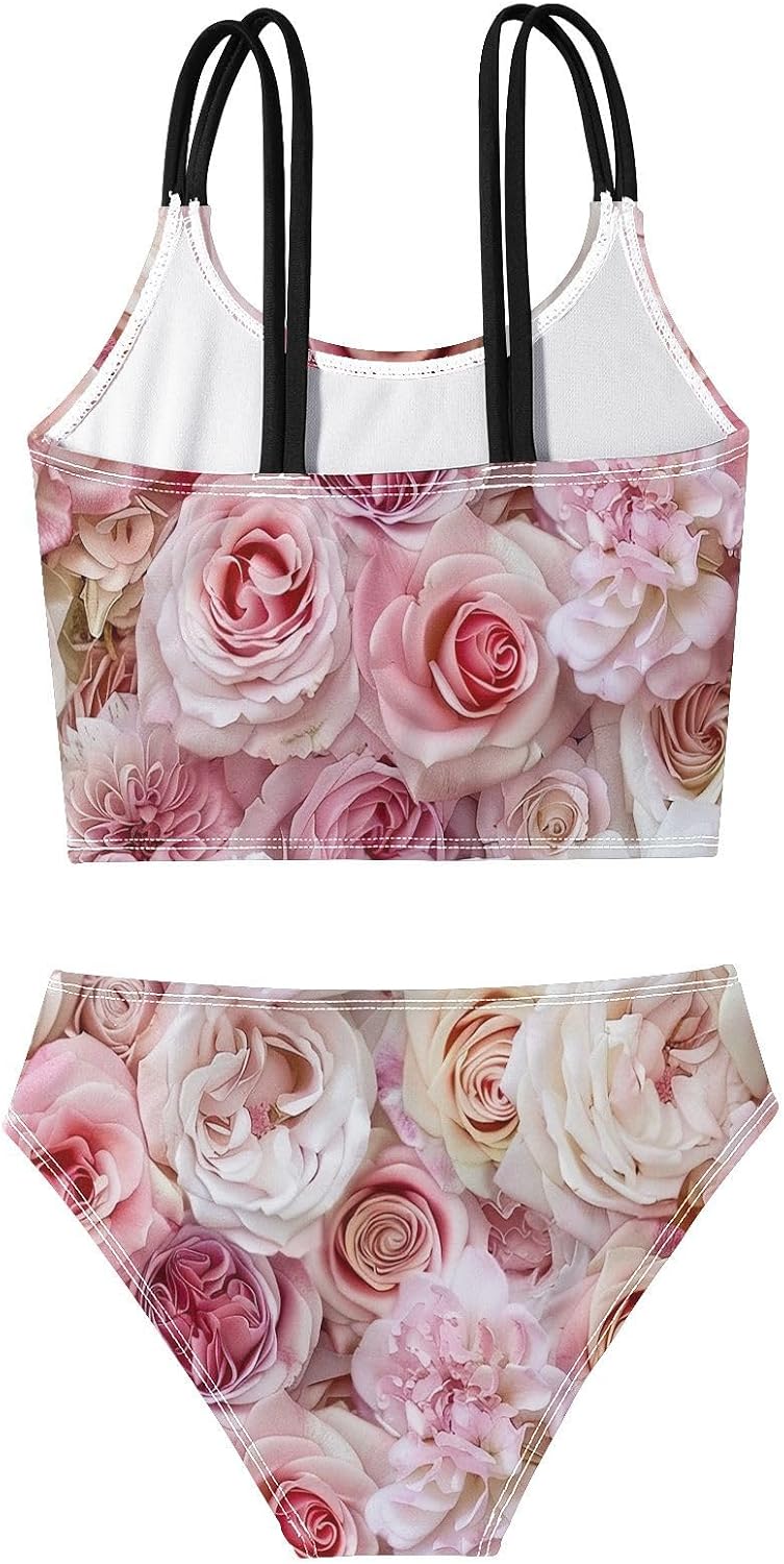 visesunny Girls Two Piece Swimsuits Pink White Rose 3D Girl's Bikini Sets Bathing Suits for Girls Size 5-12Y