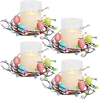 Easter Candle Wreath Set of 4 with Colorful Eggs, Small Candle Ring Holder for Pillars, Perfect for Candle Holder, Table Centerpiece, Spring Wreath for Decor