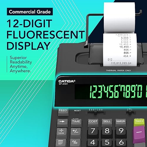 Miniatura 3 de CATIGA Calculadora de impresión térmica de 12 dígitos con impresión de cinta, máquina de adición sin tinta, 5 veces más rápido a 8.0 LPS, pantalla