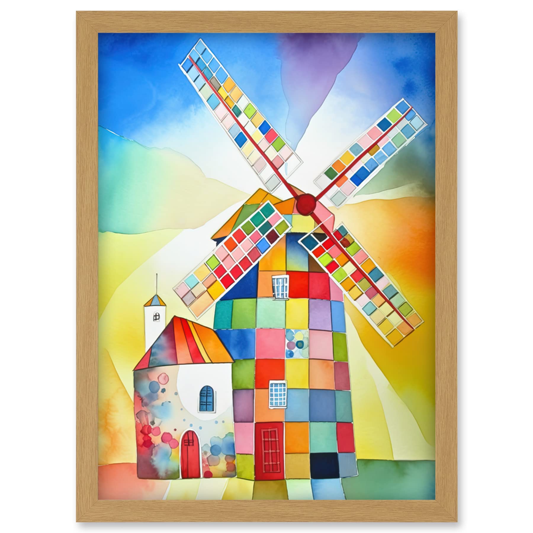 Artery8 Abstract Patchwork Windmill Old Amsterdam Folk Art Artwork Framed Wall Art Print A4