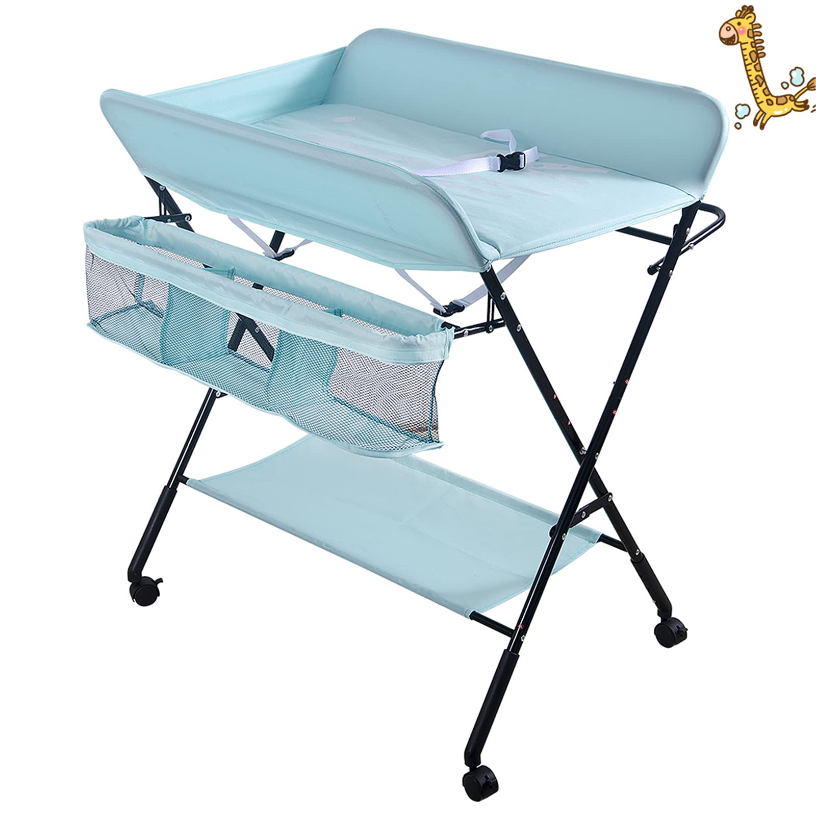 Cambiador de Pañales Plegable con Ruedas y Espacio de Almacenamiento Cambiador para Bebé Altura Ajustable,Plegable con cinturón de seguridad y compartimentos de almacenamiento, 80*66*98cm(Azul)