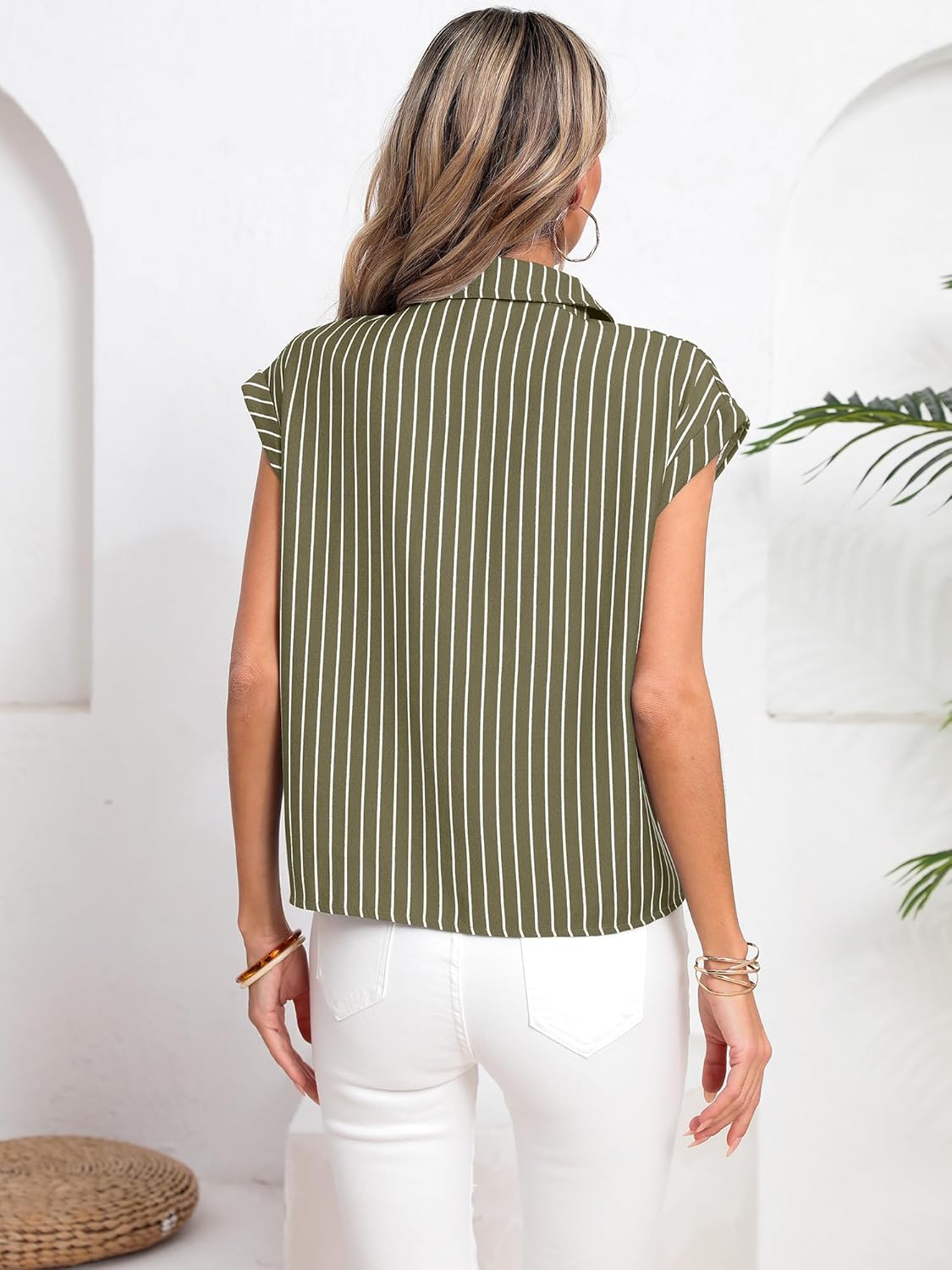Womens Striped Button Down Shirts Casual Short Sleeve Collared Tops Tie Front Blouses, Stripe Army Green,L - Image 6