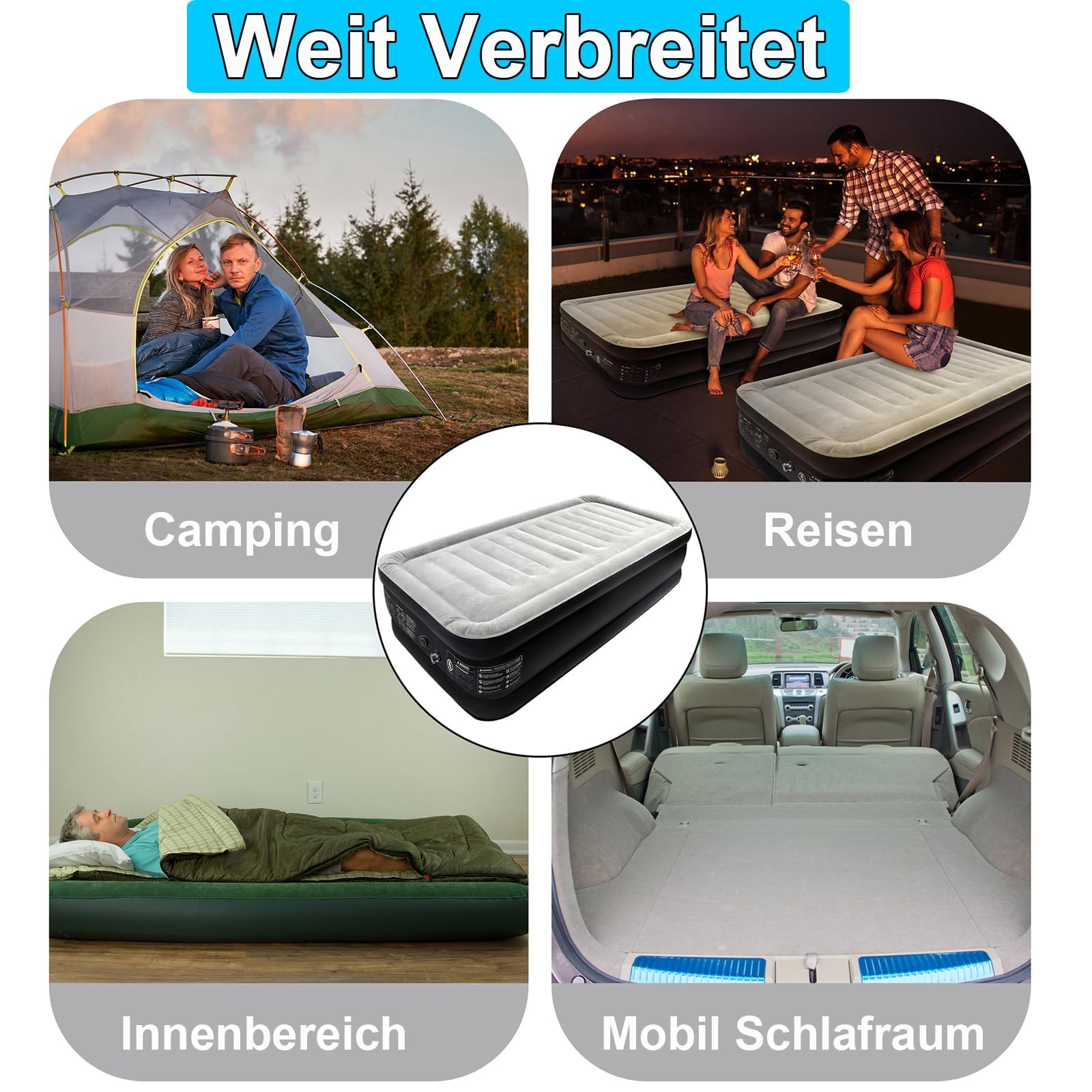 LARS360 Materasso ad aria autogonfiabile, materasso gonfiabile con pompa ad aria, 187 x 90 x 46 cm, adatto per 1 persona, letto ad aria inclusa, borsa per il campeggio/a casa, fino a 300 kg, nero e