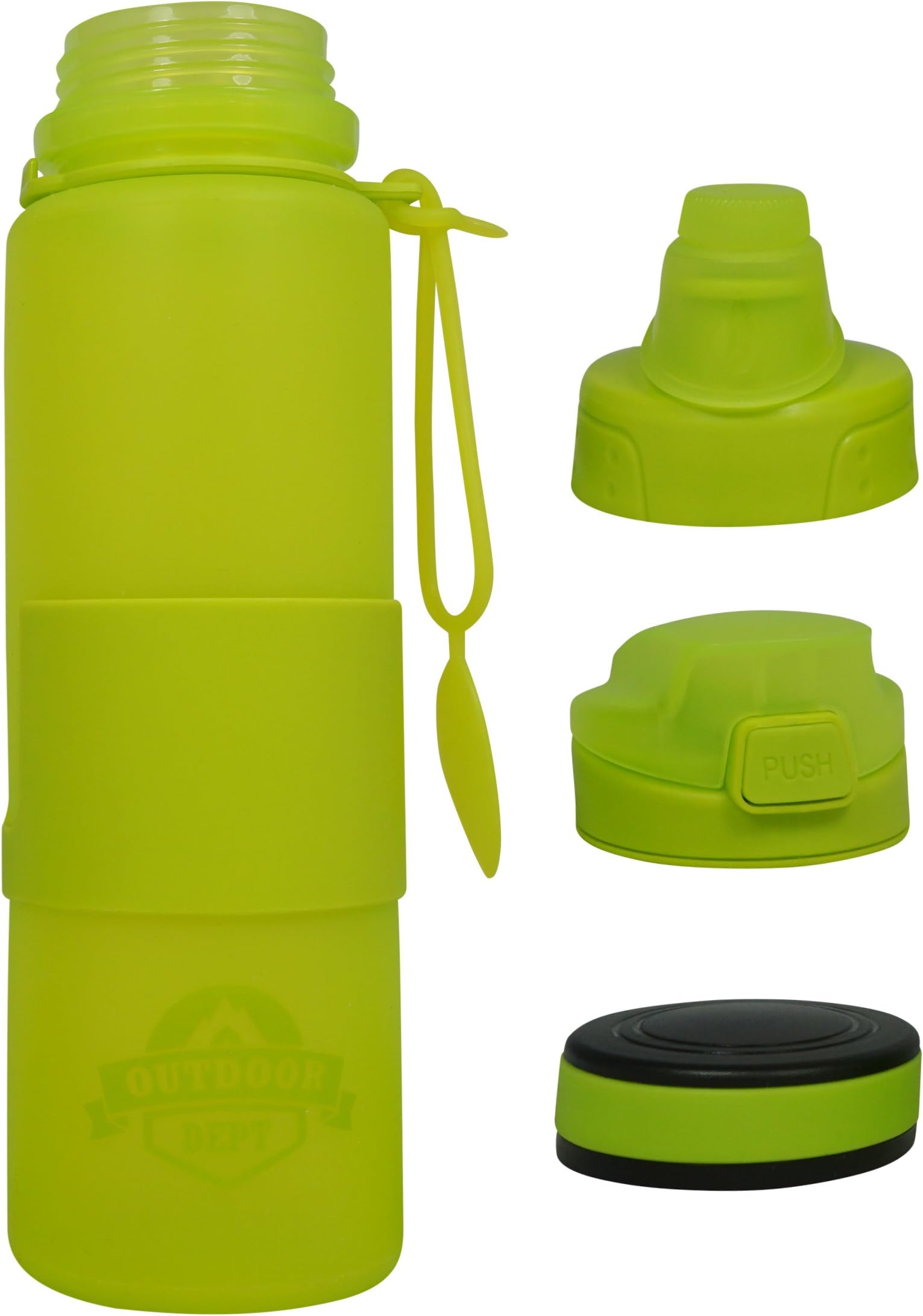 Water bottle with three caps, 100% closed and leak proof, 22oz 650 ml, BPA free, collapsible plastic silicone drinking bottle to roll up. Perfect for sports, running, gym, yoga, school, work, office or kindergarten. Dishwasher safe. 2 colors.