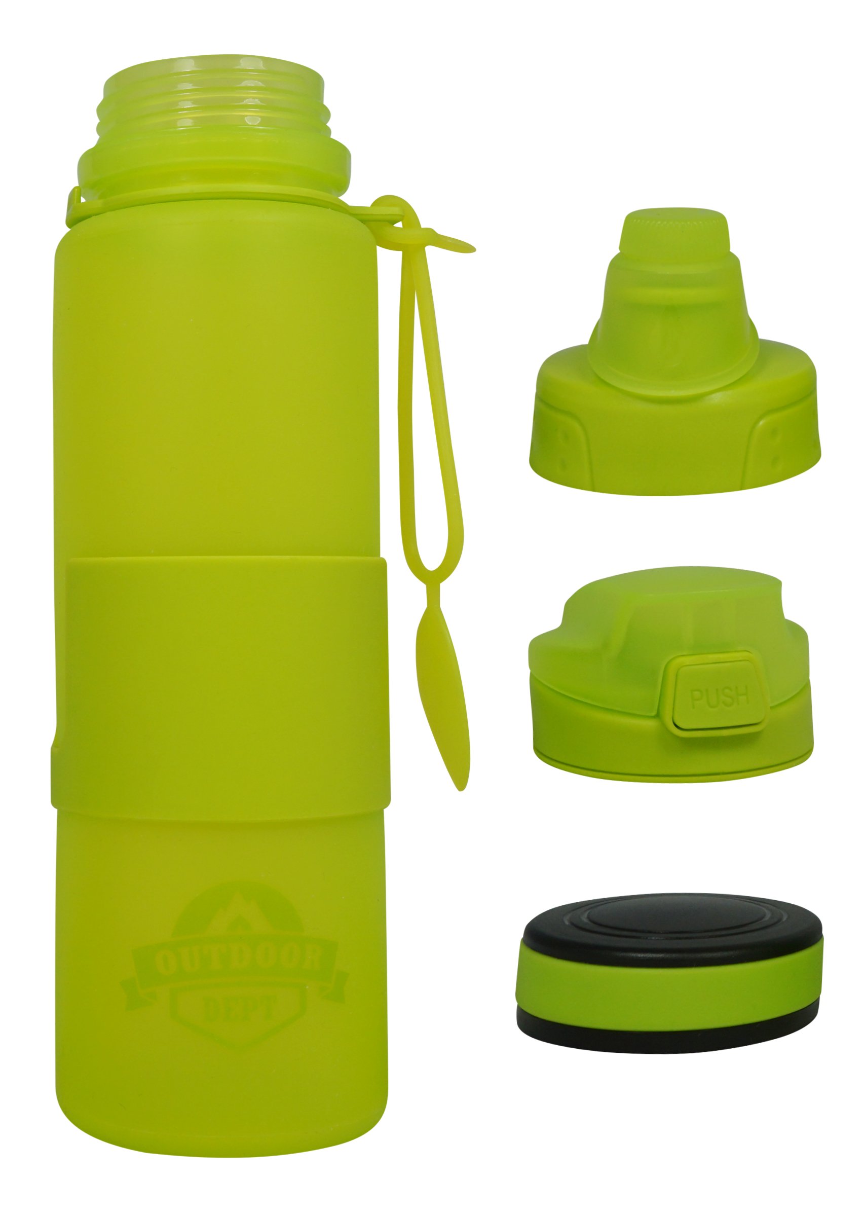 Water bottle with three caps, 100% closed and leak proof, 22oz 650 ml, BPA free, collapsible plastic silicone drinking bottle to roll up. Perfect for sports, running, gym, yoga, school, work, office or kindergarten. Dishwasher safe. 2 colors.