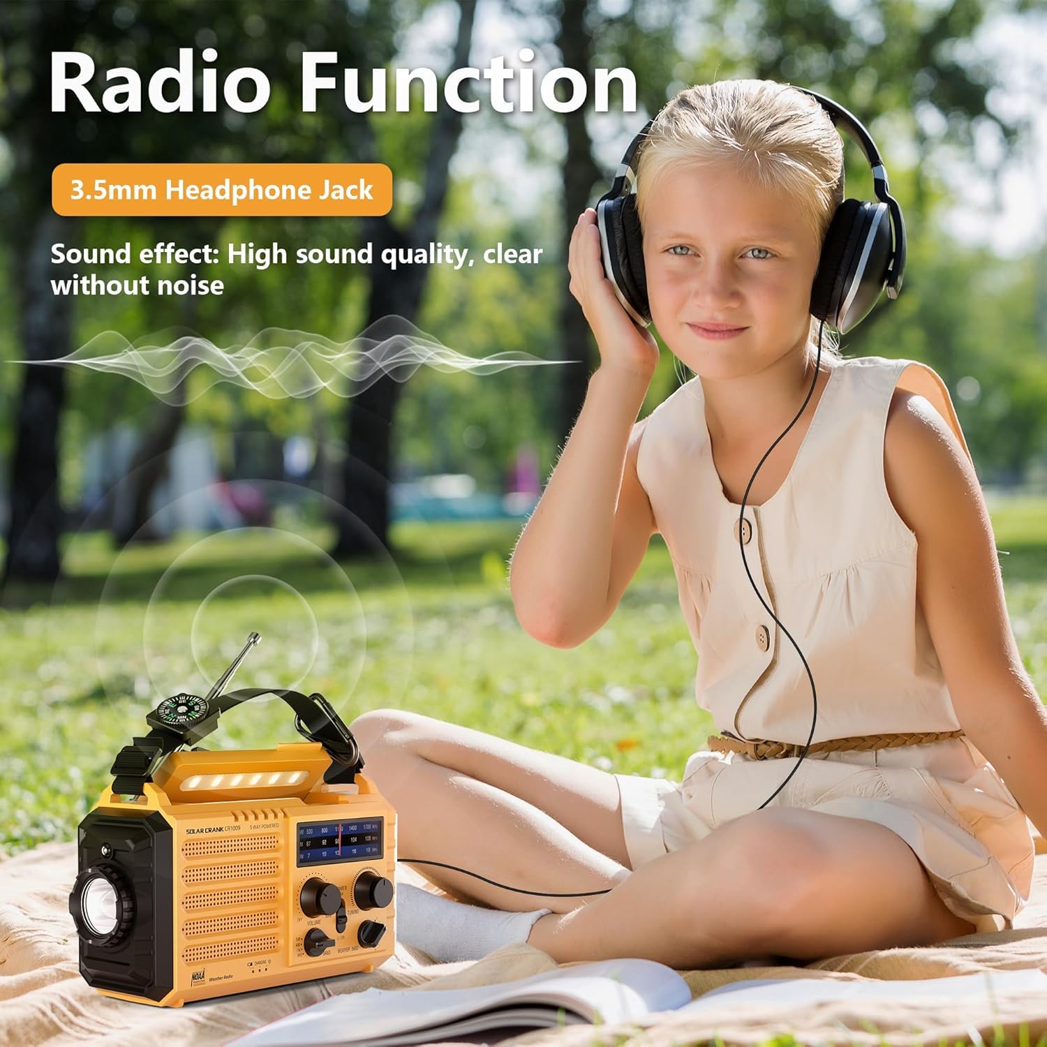5000mAh Solar Radio, Portable Emergency Radio with Crank,Dynamo Weather Am/FM Radio, USB Phone Charger, LED Flashlight and Reading Light, SOS Alarm, Compass for Outdoor Camping — view 5