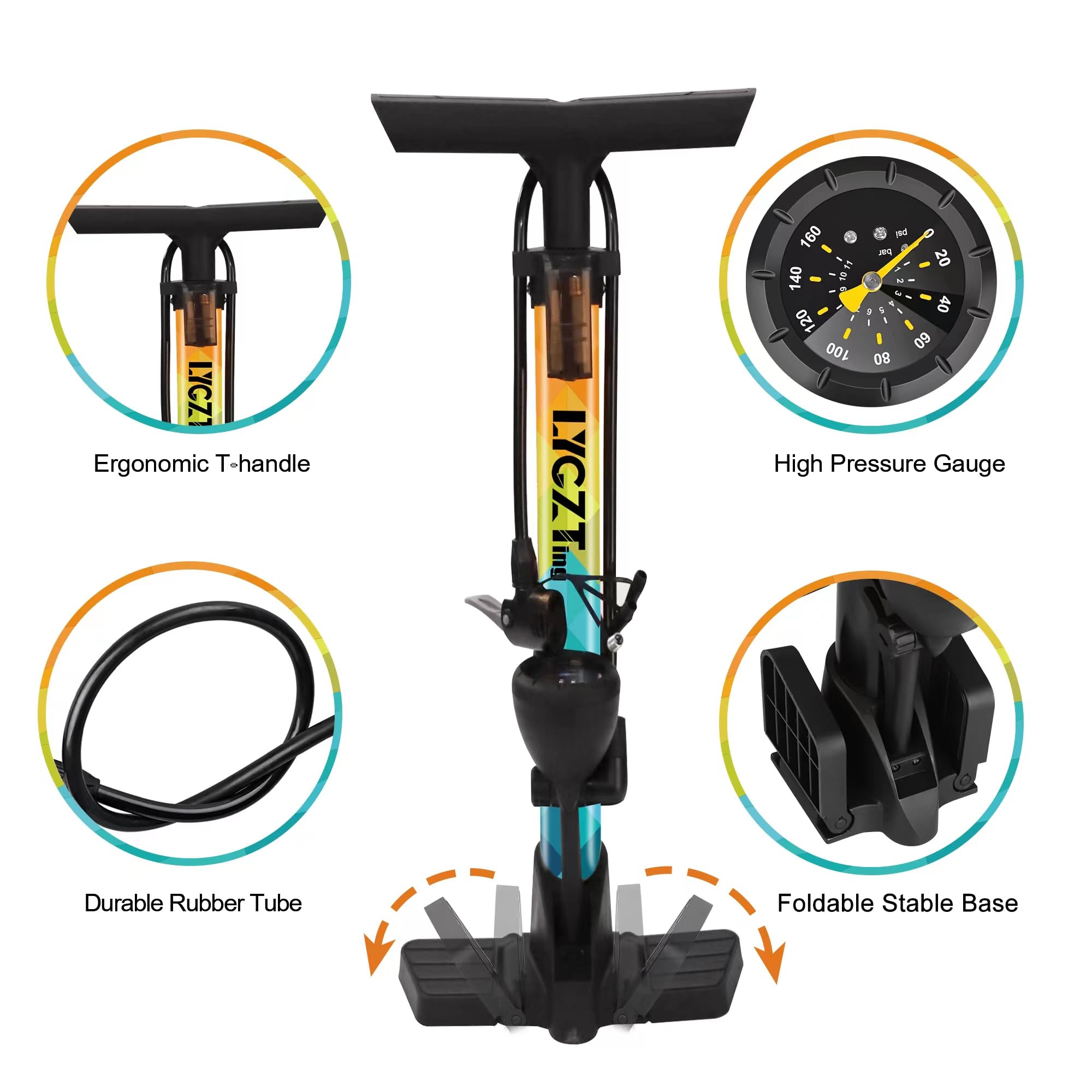 Pompe à Vélo Portable LYGZTing Avec Manomètre - Pompe à Pied Haute Pression 160 PSI Pour Vélos, Ballons Et Piscines
