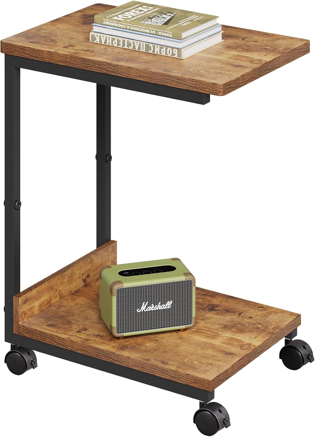 Side Table,C Table with 2-Tier Storage Shelf, End Table TV Tray with Metal Frame, Sofa Table with Wheels for Living Room, Bedroom, Office, Bathroom, Easy Assembly, Brown 1 Rustic Brown