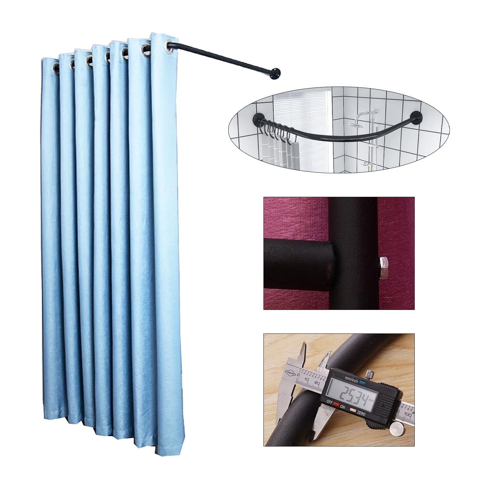 Barra de cortina de ducha de esquina negra de metal para vestidor, divisores montados en la pared para dormitorio y spa, 120 cm, diseño duradero y elegante