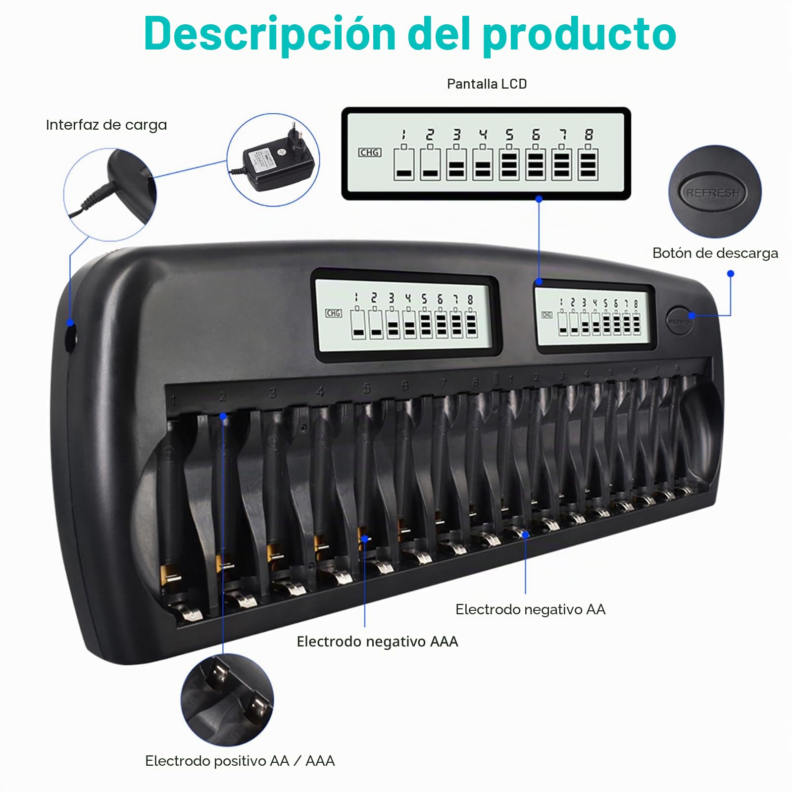 CITYORK Cargador rápido de batería – Protección IC integrada con Pantalla LCD – para Pilas AA AAA NI-MH, Incluye 16 Pilas AA 3000 mAh NiMH, maletín de batería