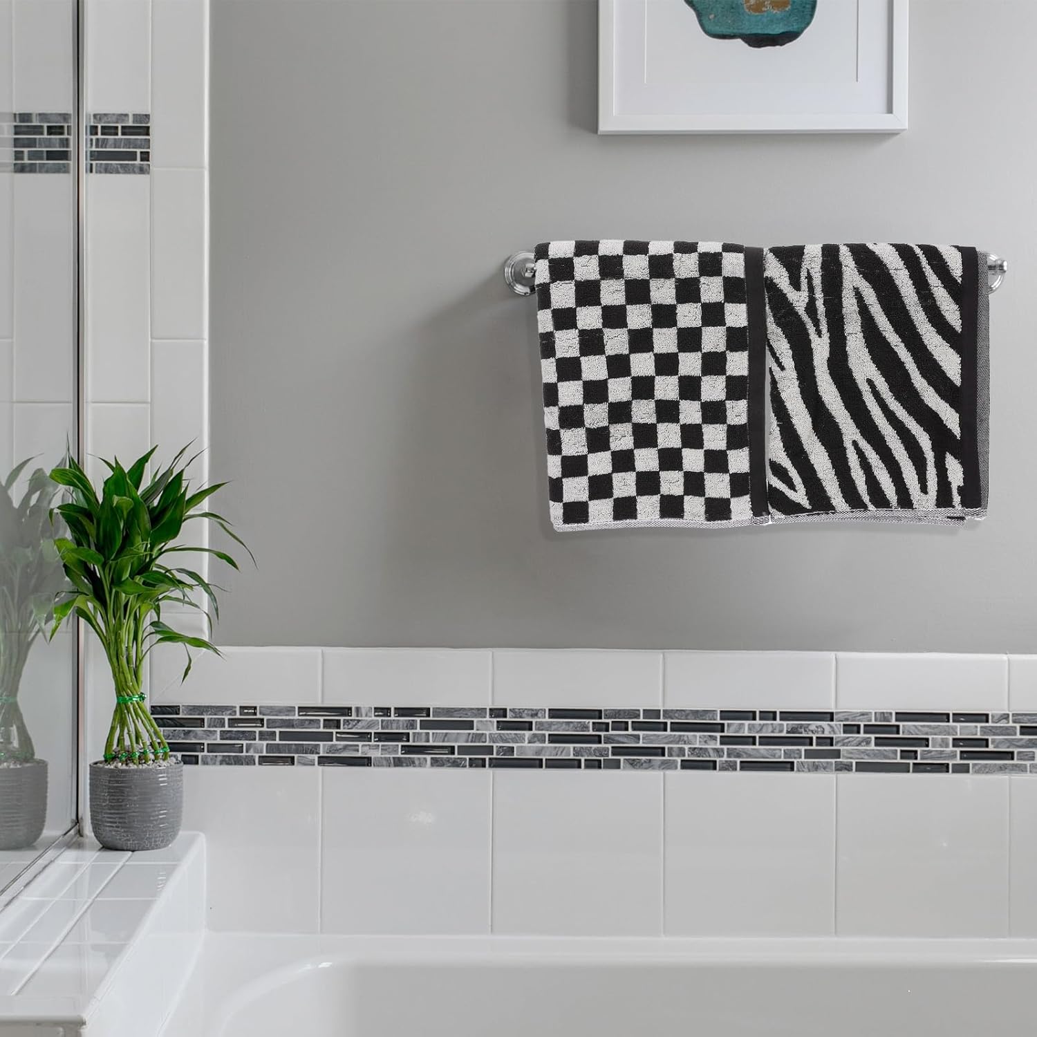 uxcell 4 Pcs Bathroom Hand Towels Black/White Soft Absorbent Face Towels Cotton Wash Cloths 13 x 29 Inch Kitchen Hand Towels for Bathroom Gym Drying Hand(Tiger Stripe/Checkered Pattern)