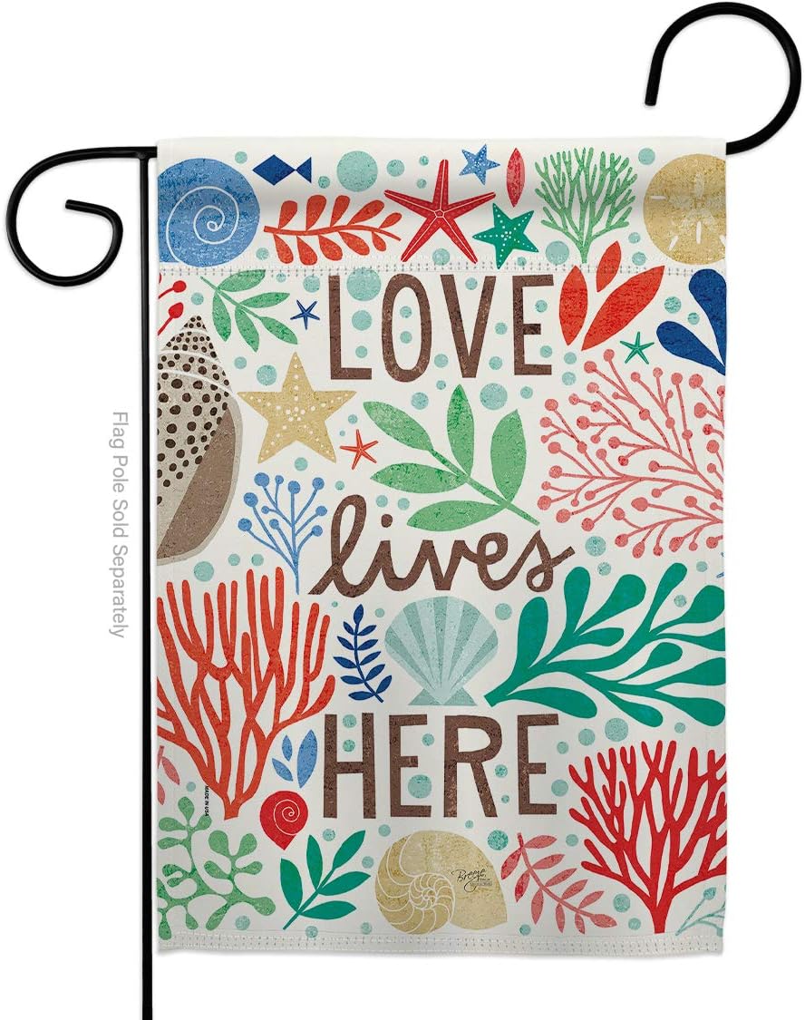 Love Lives Here Garden Flag Set Wall Holder Coastal Beach Tropical Sea Shells Ocean Sand Outdoor Summer Coral Small Decorative Gift Yard House Banner Double-Sided Made In USA 13 X 18.5