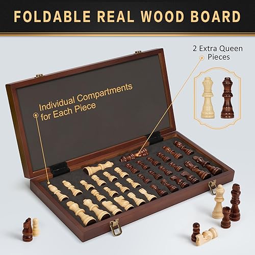 Miniatura 4 de Juego de ajedrez magnético de madera, tablero de ajedrez plegable de 15 pulgadas con 2 reinas adicionales, juego de ajedrez de viaje portátil con