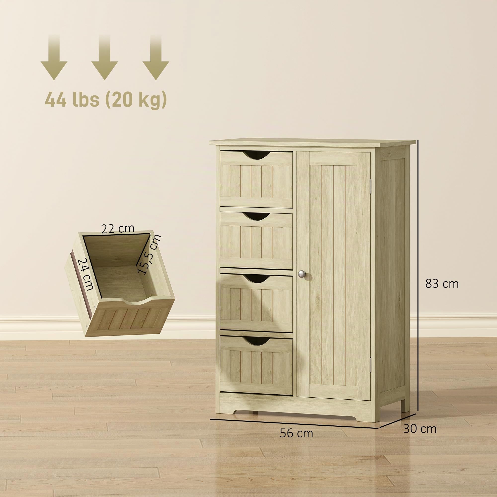 kleankin Armario de Baño Mueble Auxiliar Baño con 4 Cajones 56x30x83 cm | Estante Ajustable, Estilo Moderno, para Espacios Pequeños, Estrecha, Madera Natural