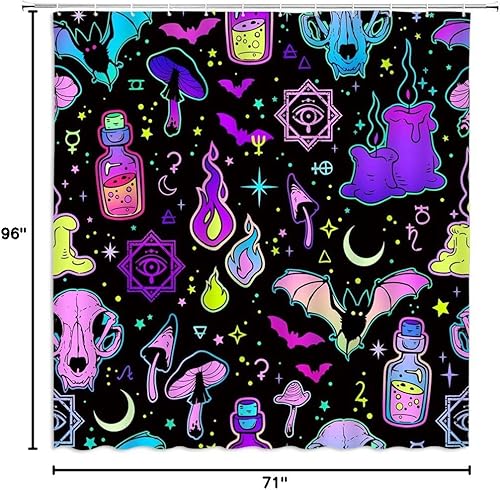Vista 69 de Cortina de ducha Happy Halloween con diseño de calavera de bruja, murciélago espeluznante, alquimia gótica, tablero de ouija mágico, hongo de bruja
