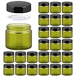 2oz Jars with Lids, HOA Kinh 24 Pack Green Frosted Glass Jars with Lids Empty Cosmetic Containers Round Airtight Glass Jar with Black Lids for Storing Lotions Powders Ointments