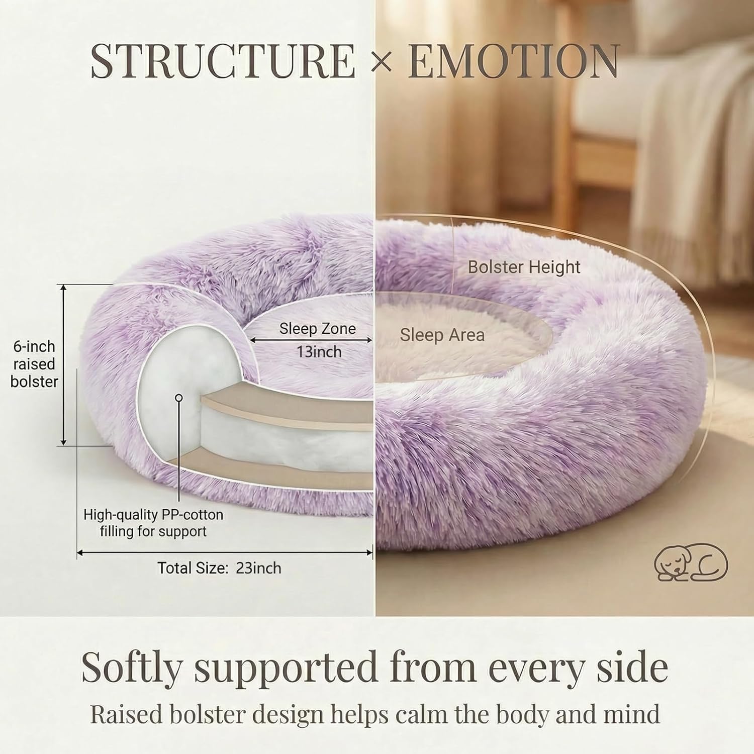 Calming Donut Dogs Beds for Small Dogs Washable,23inch Plush Round Pet Bed for Cozy Sleep,Fluffy Faux Fur Large Cat Bed,Fits up to 25 lbs Pets,Gradient Purple