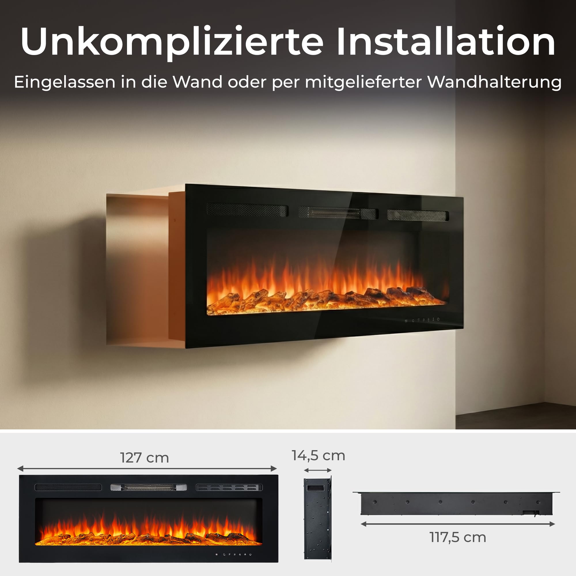 KLAMER Elektrokamin 1800W, Heizlüfter mit Thermostat 18–30°C, 9 Flammenfarben, Timer 1–8h, WiFi App & Fernbedienung, Elektroheizung bis 37m²