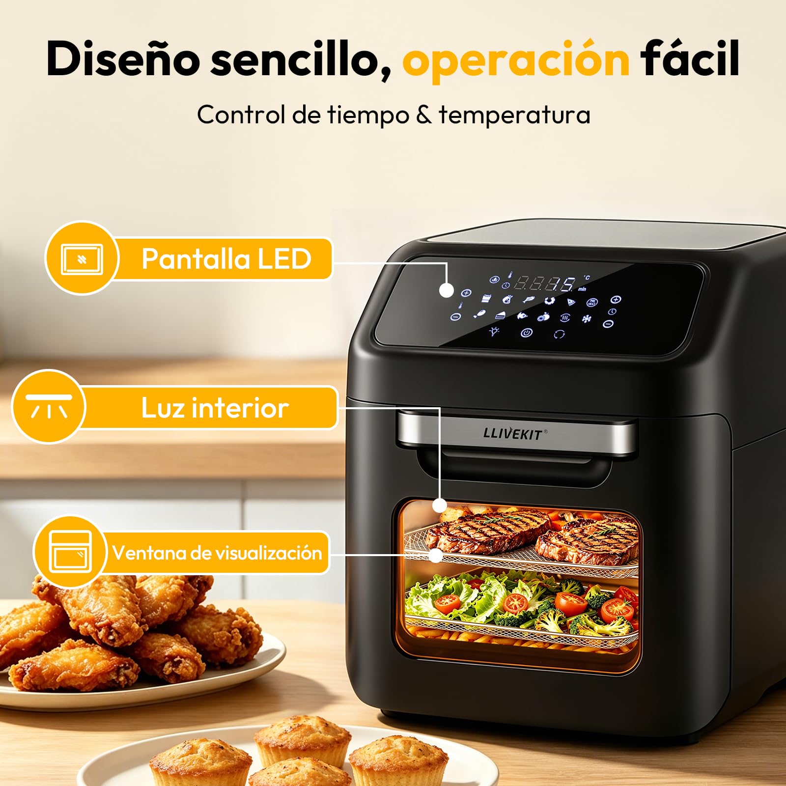 LLIVEKIT Freidora de Aire Caliente 12 L, Horno de Aire Caliente, Mini Horno de 1800 W, Freidora de Aire Sin Aceite 12 en 1 con Pantalla LED Digital, Deshidratador de Frutas, Barbacoa