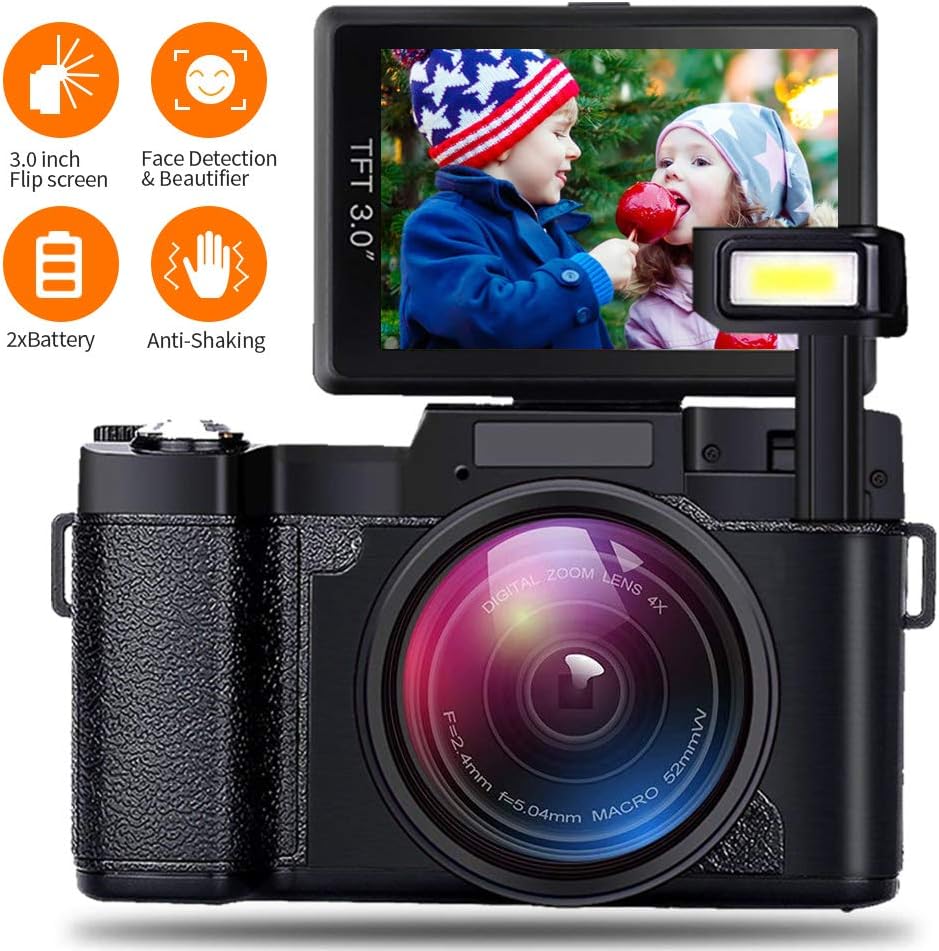 Video Camera Digital Camera Vlogging Camera 1080P Camcorder with 4X Zoom, 2 Rechargeable Batteries, 3 Inch 180°Camera Flip Screen Retractable Flashlight Easy Operation to Seniors/Kids