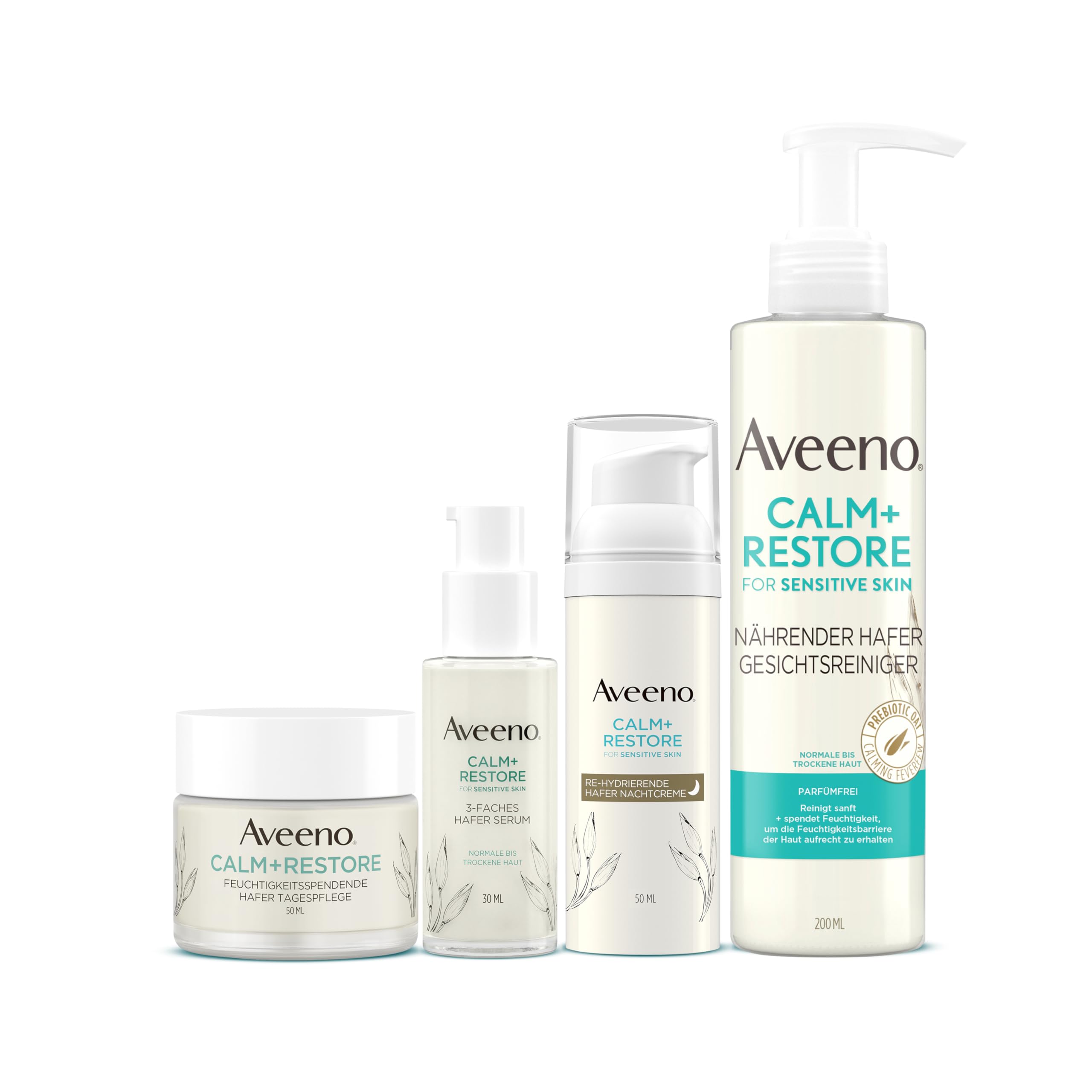 Aveeno CALM+RESTORE Bundle: Tagespflege 50 ml, Serum 30 ml, Nachtcreme 50 ml und Gesichtsreiniger 200 ml - Parfümfrei, feuchtigkeitsspendend, mit präbiotischem Hafer und beruhigendem Mutterkraut