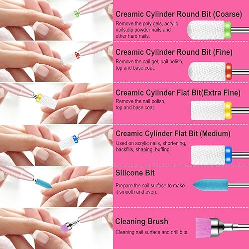 Miniatura 4 de Juego de 19 brocas de uñas con caja de almacenamiento, brocas de carburo de diamante de cerámica de tungsteno de 332 pulgadas para uñas acrílicas,