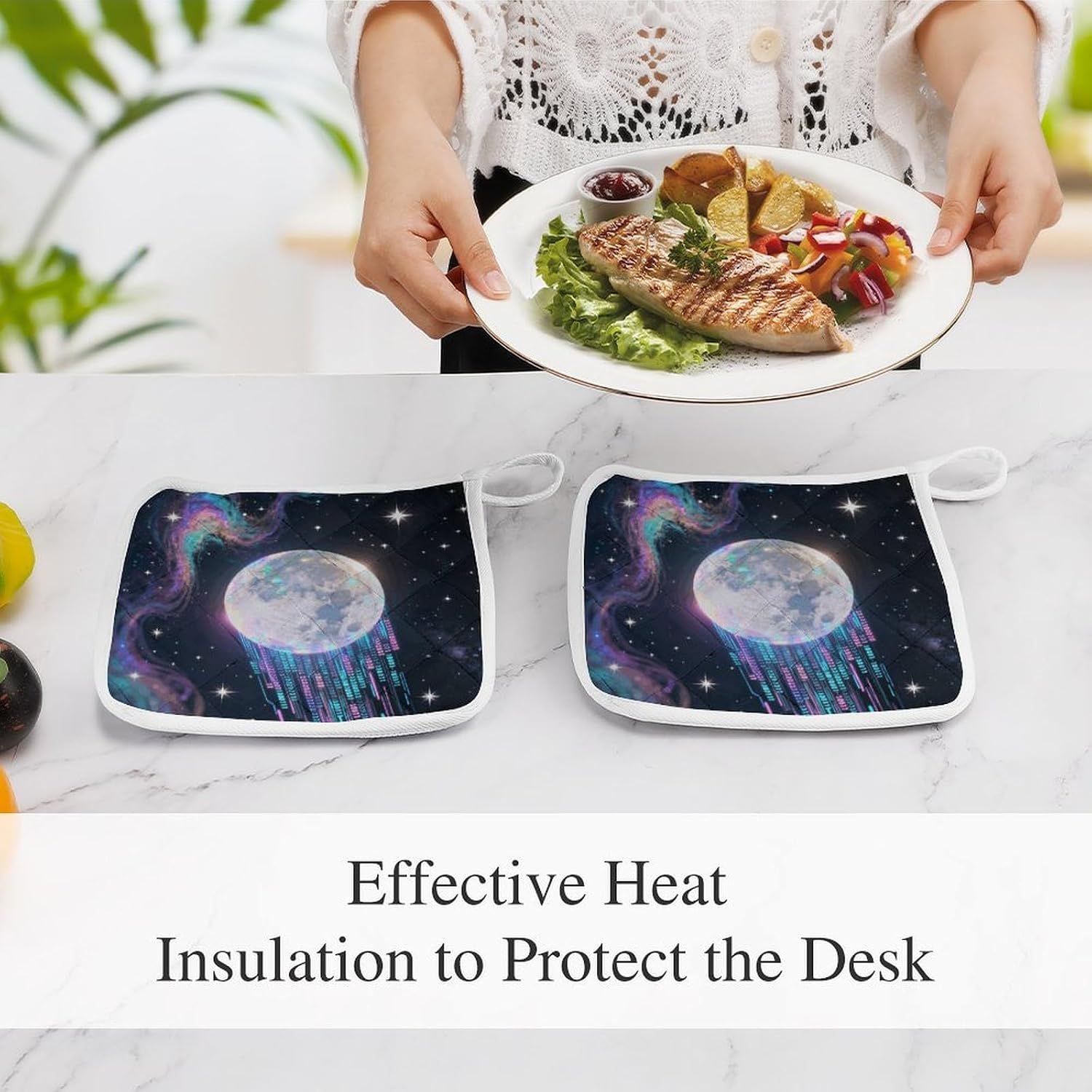 Holographic Moonstone Polyester Heat Resistant Pot Pad Non Slip Anti Scald Hot Dish Mat Reusable Table Protector for Kitchen Hot Pot Mat Wear Resistant Heat Proof Table Pad for Countertop Dining Room