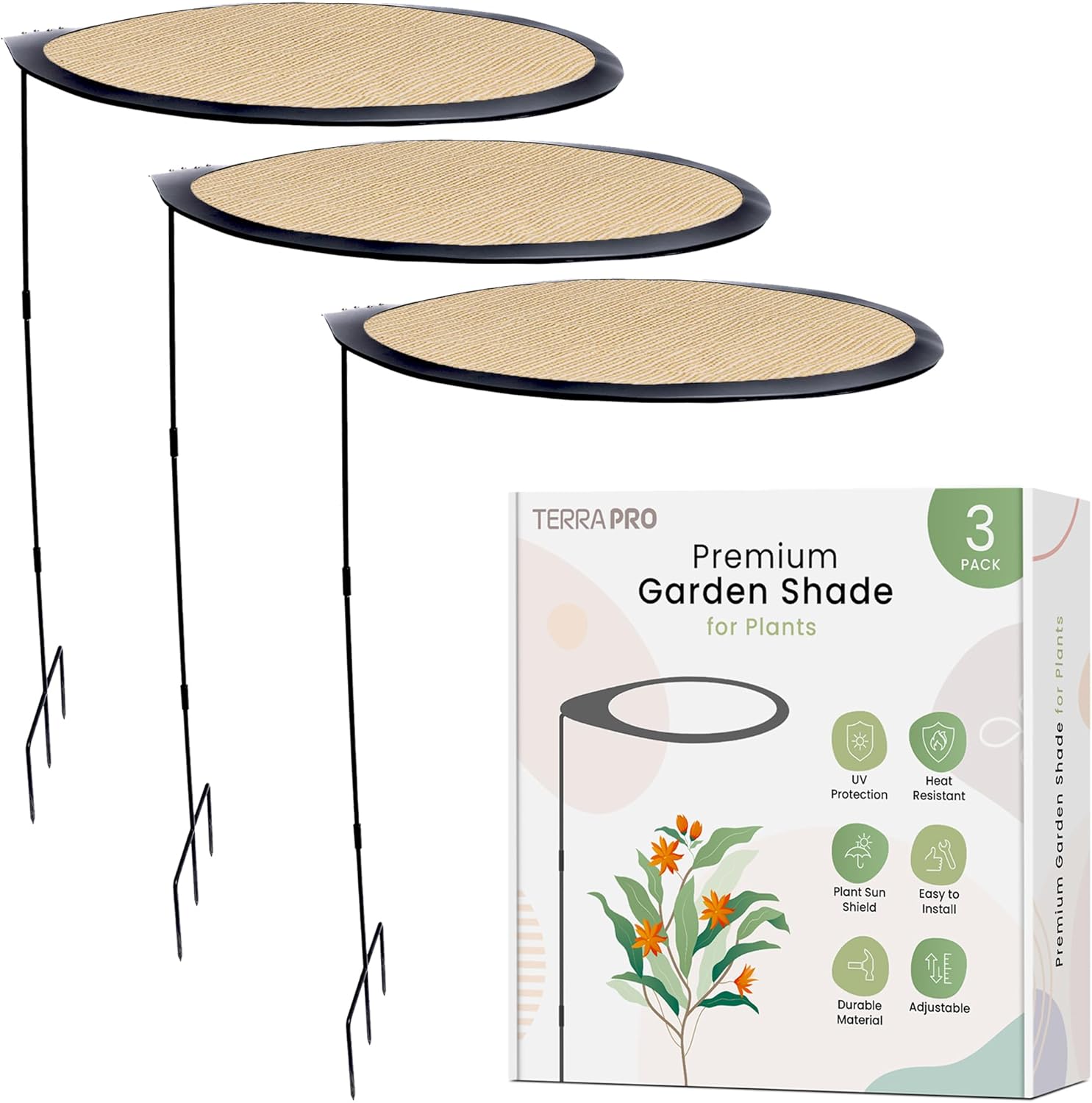 TERRA PRO Adjustable Portable Plant Shade Cloth Umbrella for Outdoor Garden – Heat Protection Sun Cover with UV-Resistant Fabric Mesh – Vegetables Flowers Patios Porch & Potted Plants - 3-Pack 24" Tan