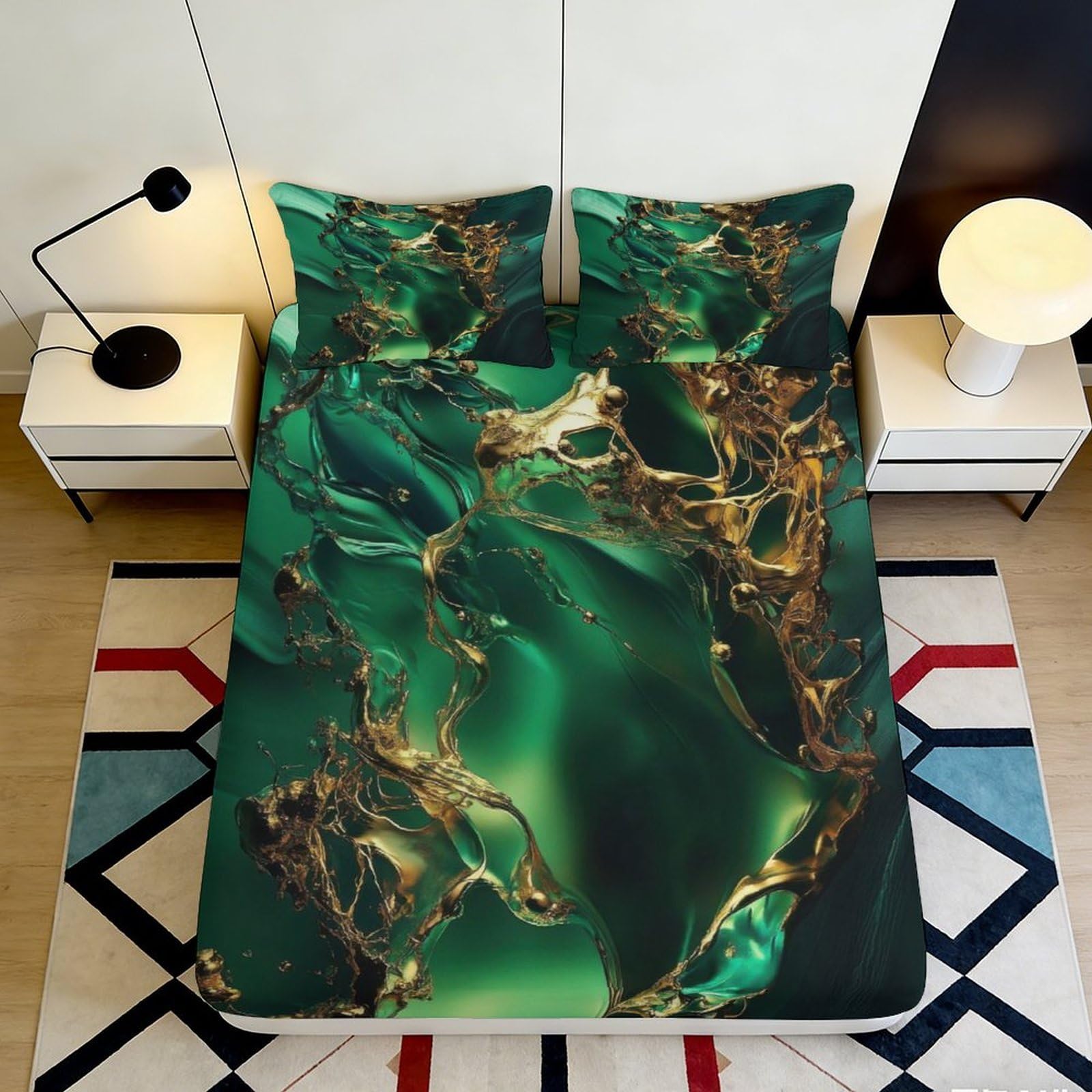 Jqzkxnhpbr Style-6 3D Printed Emerald Marble Fitted Sheet Microfiber Soft Green Gold Swirl Bed Sheet For Bedroom Guest Room Decor 90X200x25cm
