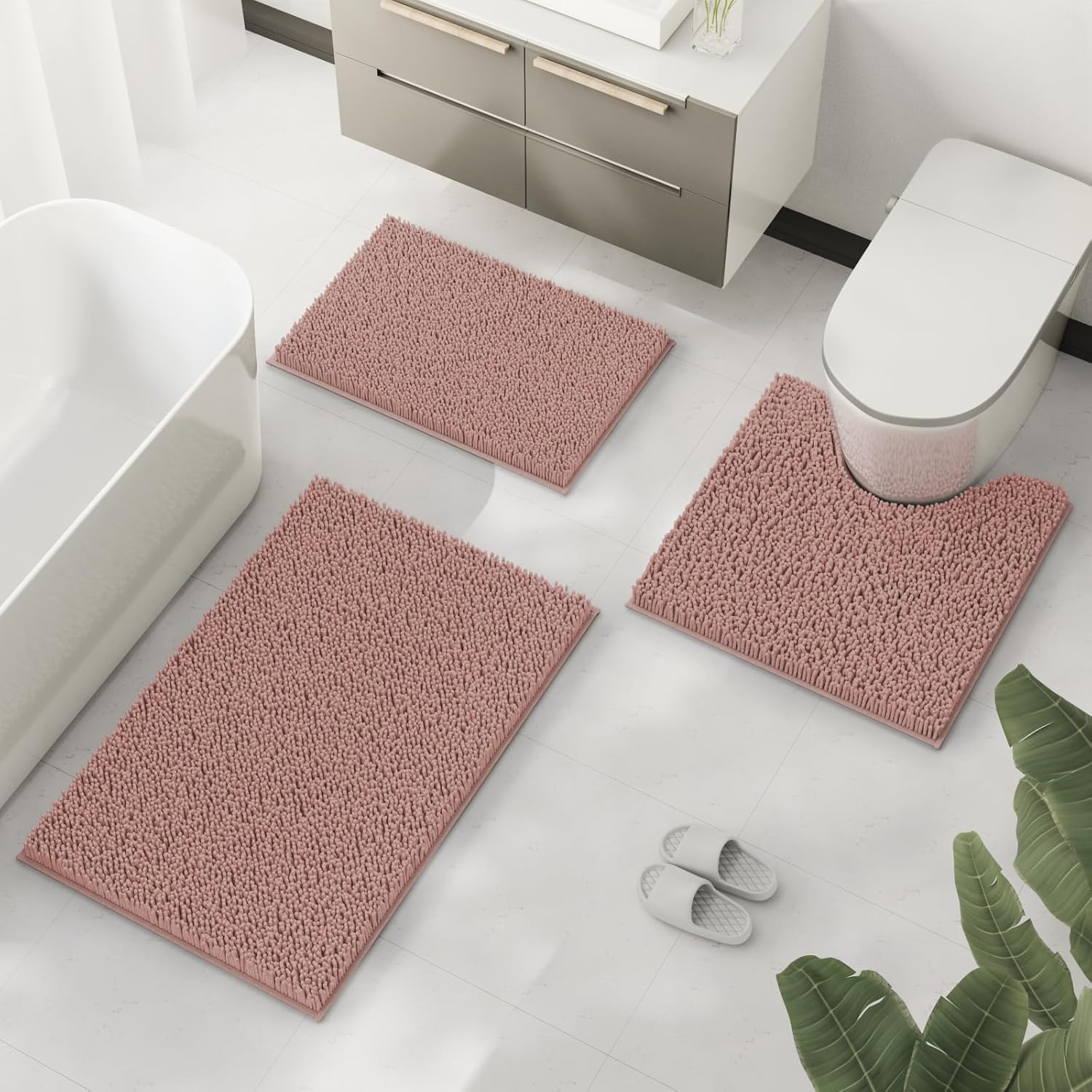 Bathroom Rugs Sets 3 Piece, Extra Soft Absorbent Chenille Bath Rugs, Non Slip Rubber Backing Machine Washable Quick Dry Bath Mats for Bathroom Floor, Tub, Shower, Home Decor Accessories, Misty Rose