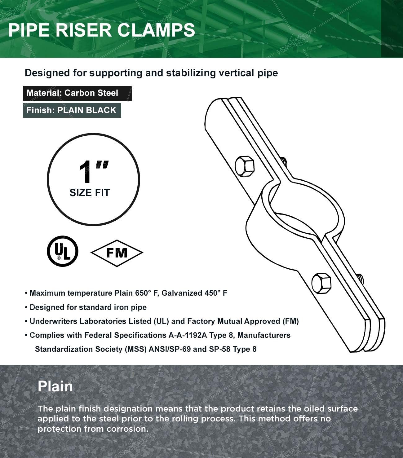 Highcraft DMST-QM01-10 Riser Clamp Vertical Pipe Hanger for Copper, Iron, CPVC, PEX 1 in. Uncoated Steel, 10 Pack