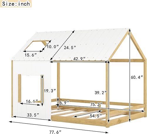 Miniatura 2 de Cama de casa de tamaño matrimonial estilo Montessori marco de cama de madera para niños cama de cabaña divertida con techo y ventana para niñas