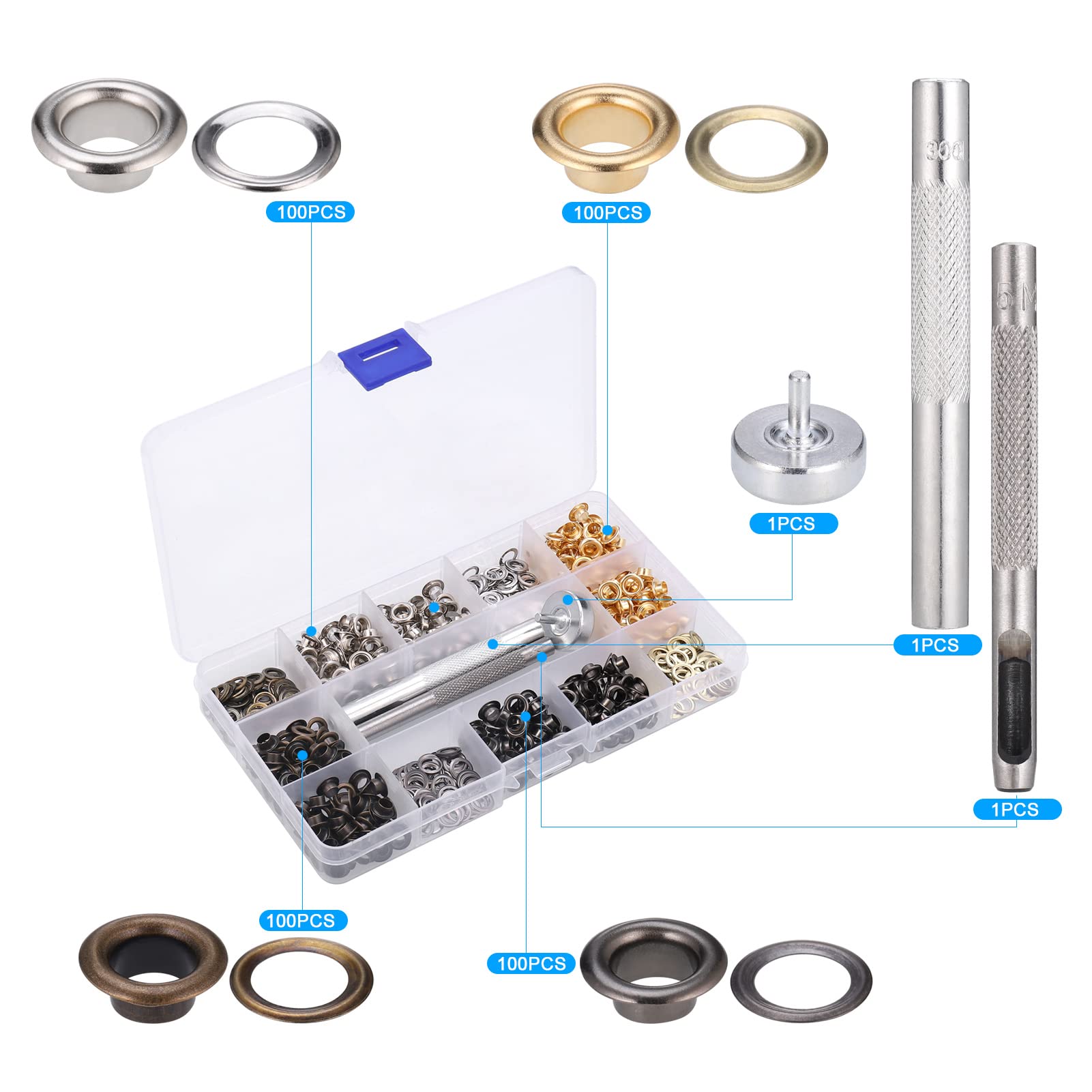 Zocipro 400Pcs Occhielli per Teloni, Occhiello Strumento con Strumenti di Installazione, Kit Occhielli Metallo per Tende Teloni Borse Scarpe Abbigliamento (Diametro interno 5 mm)