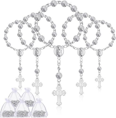 Sasylvia 30 piezas de recuerdos de bautismo, mini placa de rosario, cuentas de rosario de bautismo con cruz y 30 bolsas de organza para primera