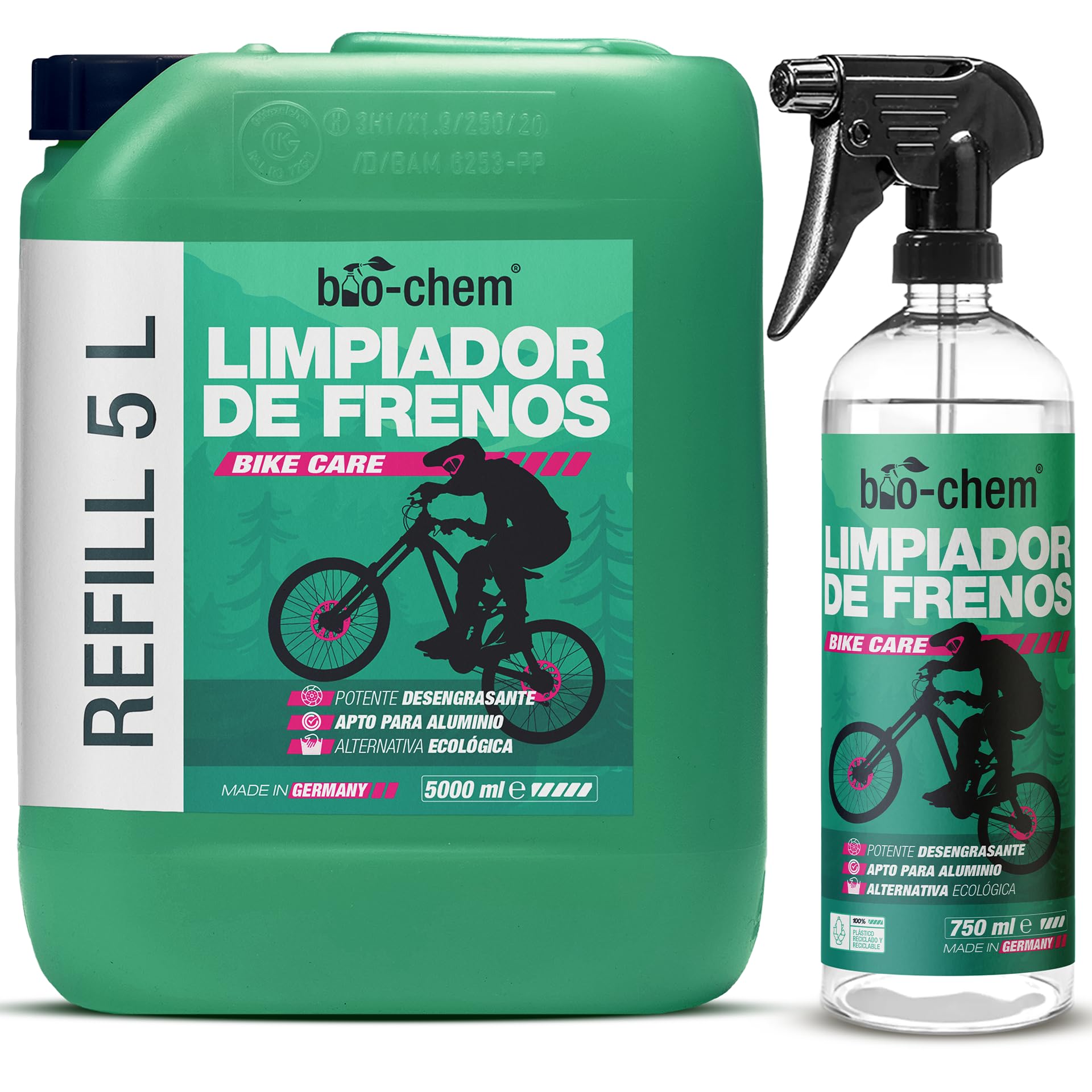 bio-chem Limpiador de frenos 5L + 750ml para coches y bicicletas | Cuidado de bicicletas, mountain bikes, e-bikes, motos y coches - Limpiador desengrasante para sistemas de frenos de bicis