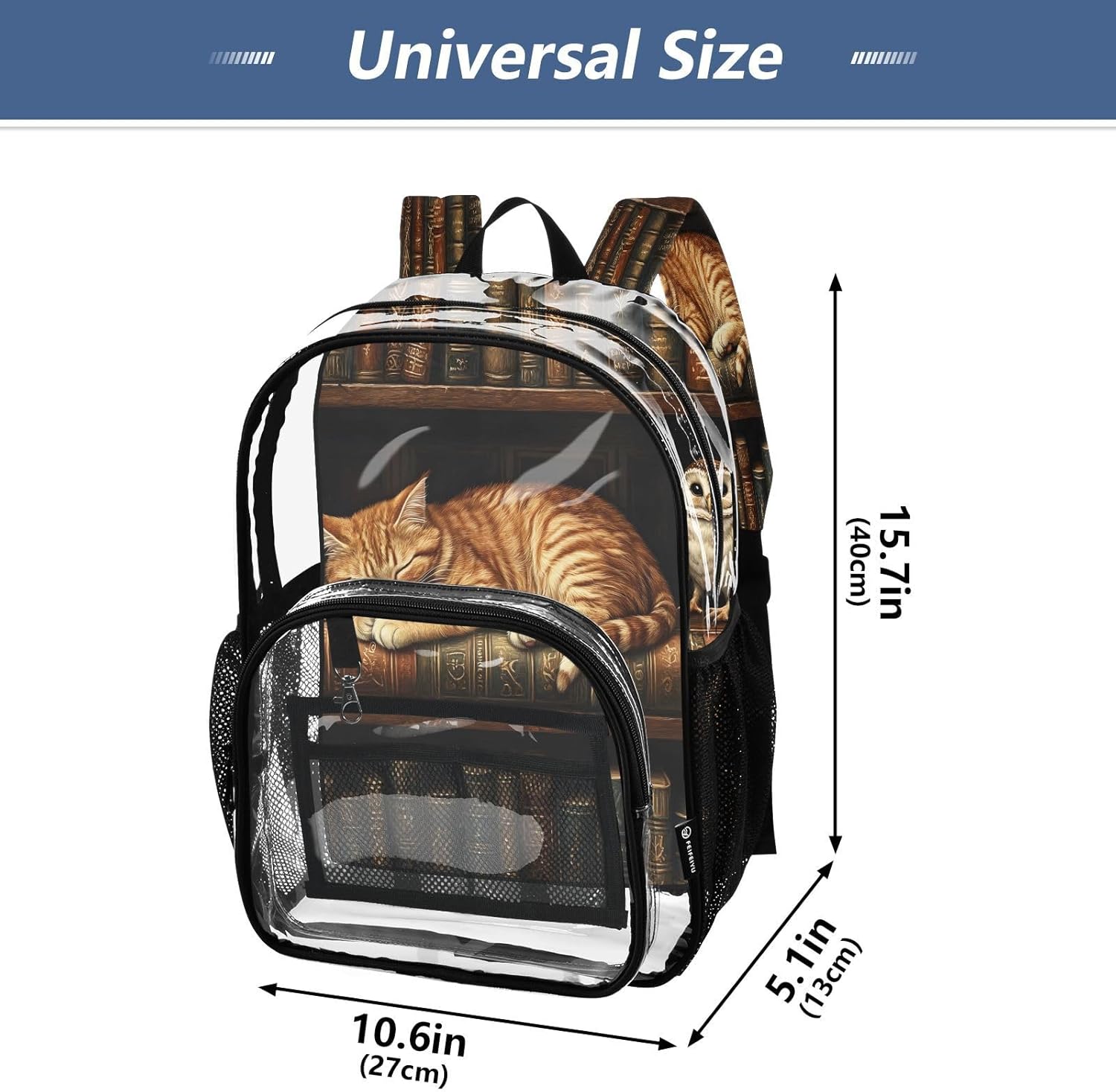 Cat Owl Bookshelf Bookworm Clear Backpack Heavy Duty See Through Transparent PVC BookBag for Kids Boy Girl Adult School Work