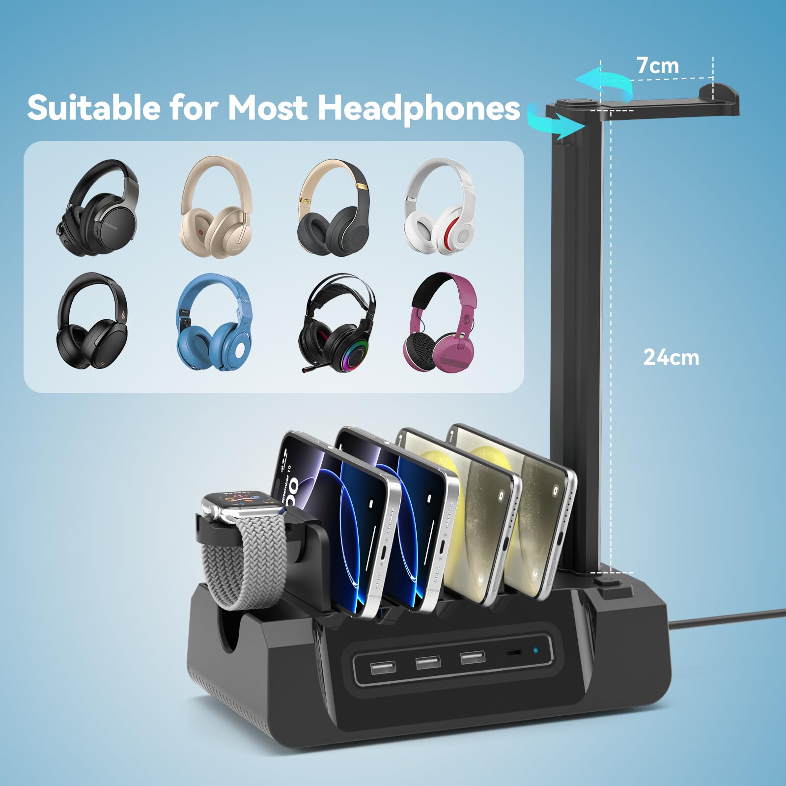 KDD Stazione di ricarica con 6 cavi di ricarica – Dock di ricarica rapida 6 in 1 per cellulare con supporto per cuffie e supporto per orologio, 2 AC e USB A e USB C, stazione di archiviazione per