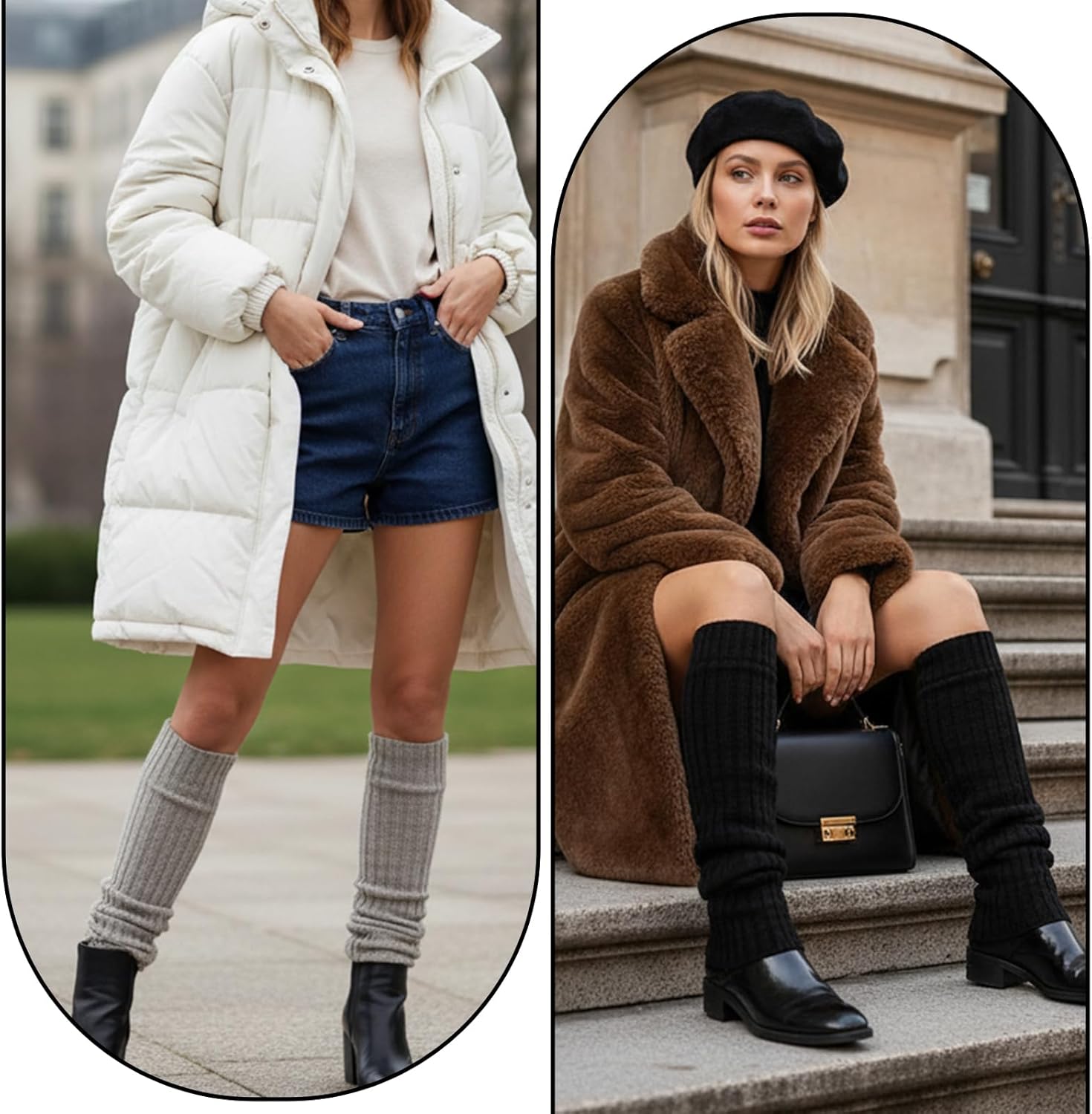 2 Pairs Leg Warmers for Women, Women's Stylish Cable Knit Leg Warmers 80s Style Winter Warm Over the Knee High for Party Sports Yoga Black Gray - Image 6