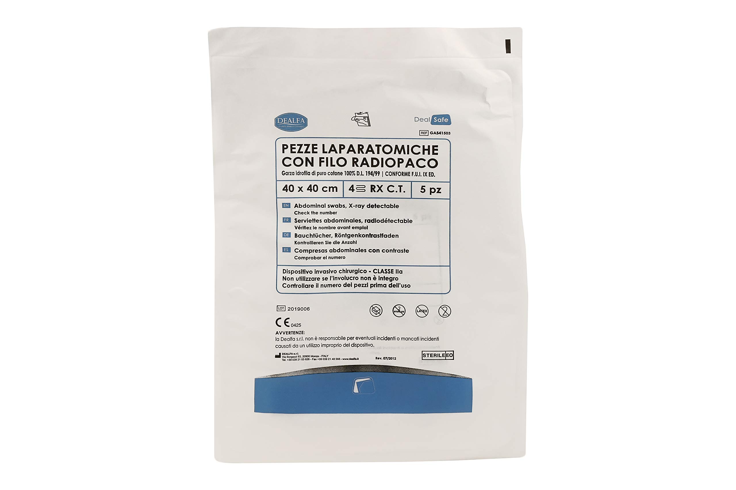 DEALFA Pezze Laparatomiche di Garza Sterili - 40x40 cm - 4 Strati con RX - Colore Bianco - Monouso - Doppia Busta Sterile da 5 Pezzi - Confezione da 5 Buste