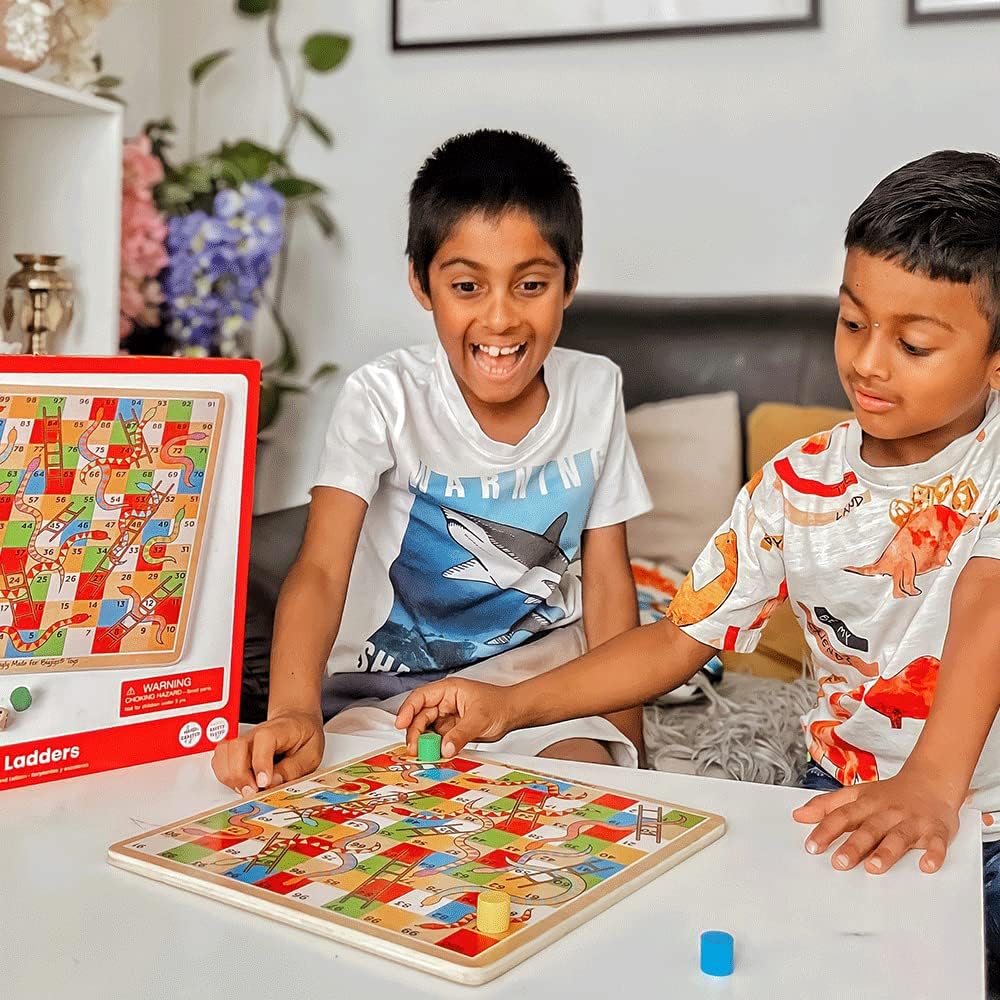 Bigjigs Toys Traditional Snakes and Ladders Game | 4 Player Wooden Board with Counters & Dice | Family Toy for Kids & Adults | Educational Tool for 3+ Year Old Children | Classic