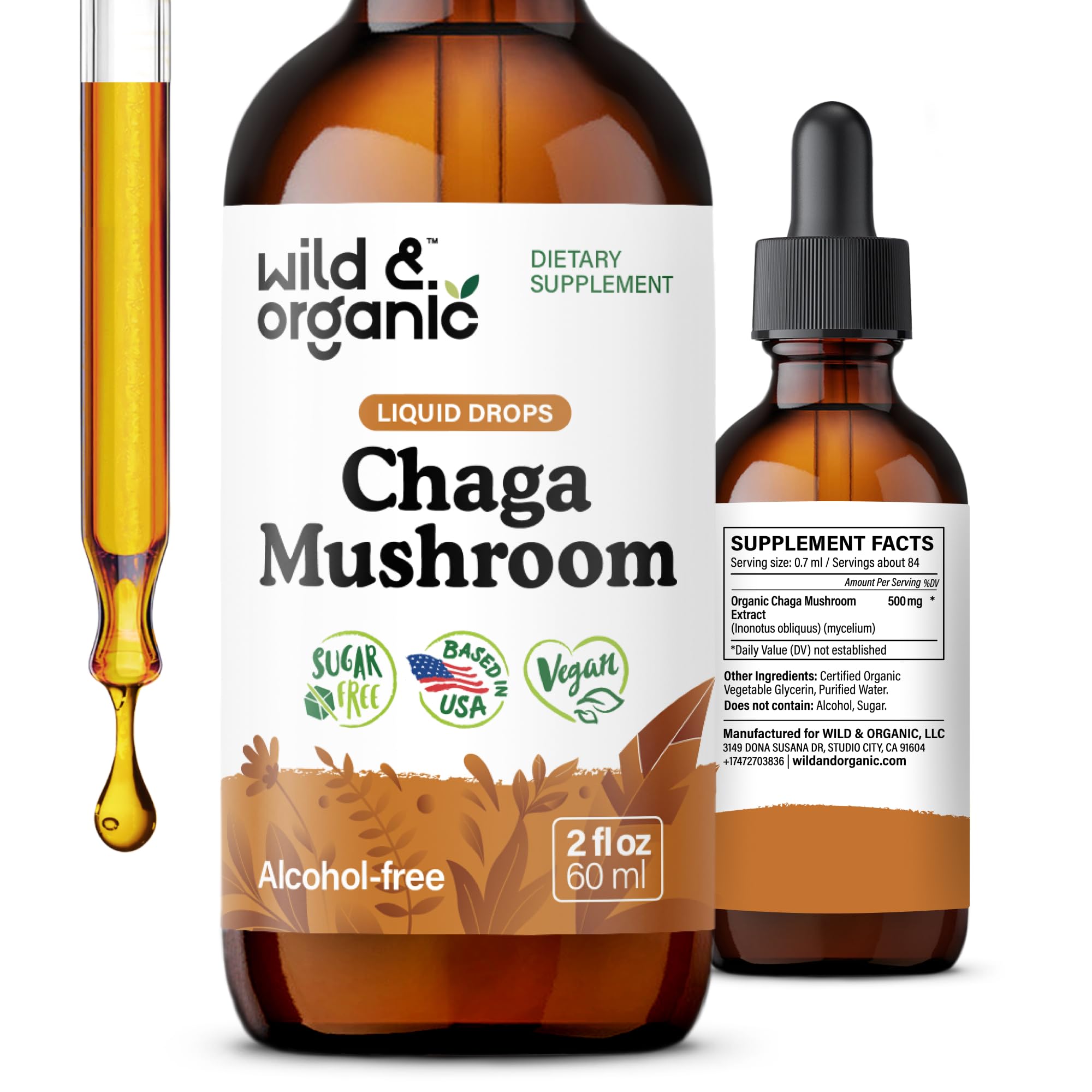Wild & Organic Chaga Mushroom Tincture - Immune Support with Chaga Mushroom Extract Liquid - Immunity Drops Supplement - Vegan, Sugar & Alcohol-Free - 2 fl oz