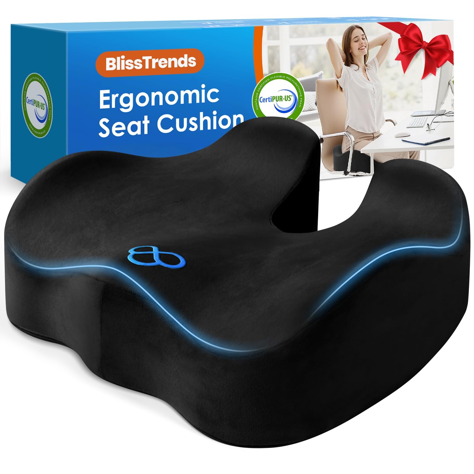 BlissTrends Seat Cushion with Velvet Cover, Thick Memory Foam Cushions for Office Chair, Car Seat, Airplane, Relieving Pressure Tailbone Sciatica Back Pain for Long Sitting, Car Drivers 4.7in Black Black Large