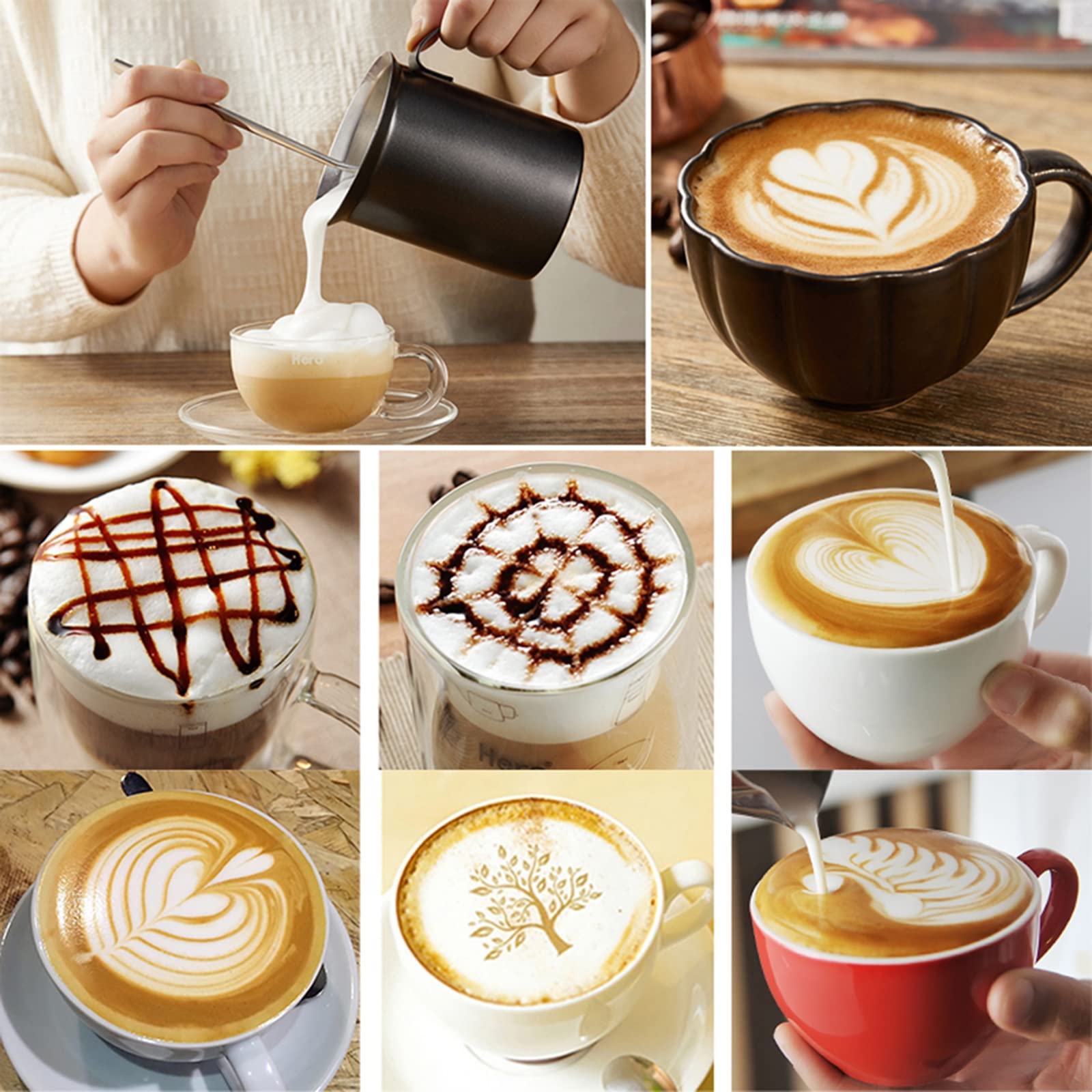 Ręczny spieniacz do mleka, ręczna pompa ze stali nierdzewnej spieniacz do mleka dzbanki do spieniania mleka DIY krem do kawy spieniacz do kawy do cappuccinos kawa latte,200ml