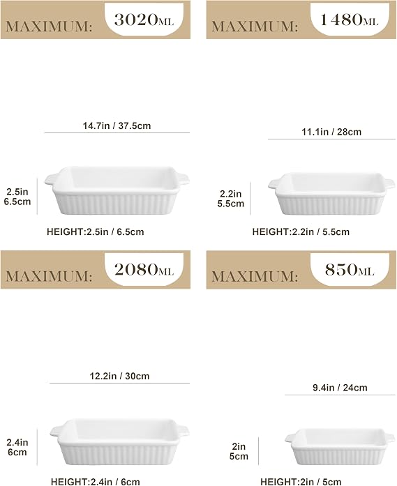MALACASA Bake.Beka Series, Set of 4 Oven Dishes, Oven Mould for Dishes Ideal for Lasagna, Cakes, Lids, Porcelain