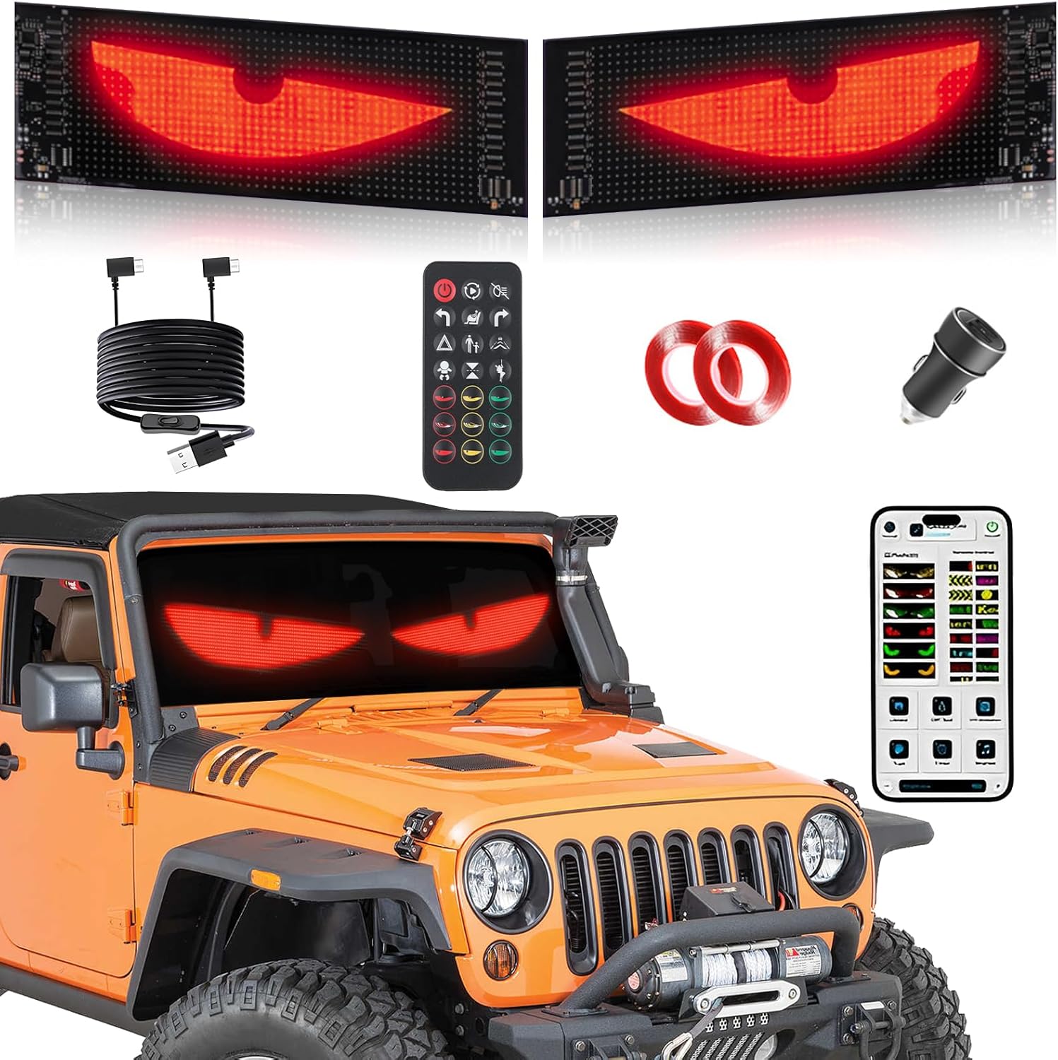 2PCS LED Devil Eyes Light for Car Windshield, 23.4''x4.72'' Ojos led para carro 5V USB Flexible Scrolling Programmable LED Waterproof Signs, Remote APP Control Led Sign for Cars/Trucks/SUVs
