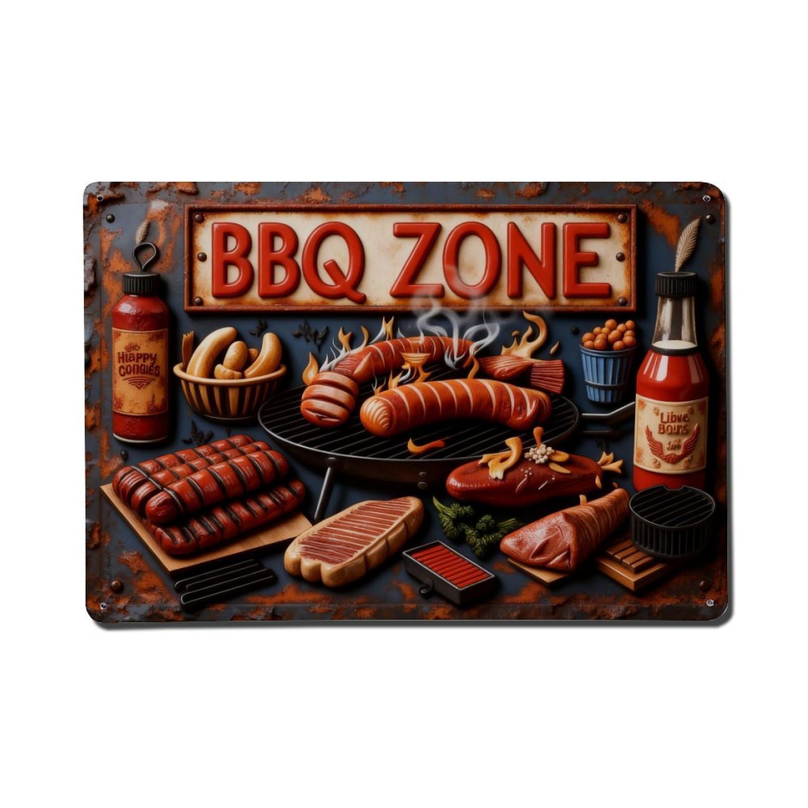Bbq Zone Grilling Sausages Meat Metal Tin Sign Plaque