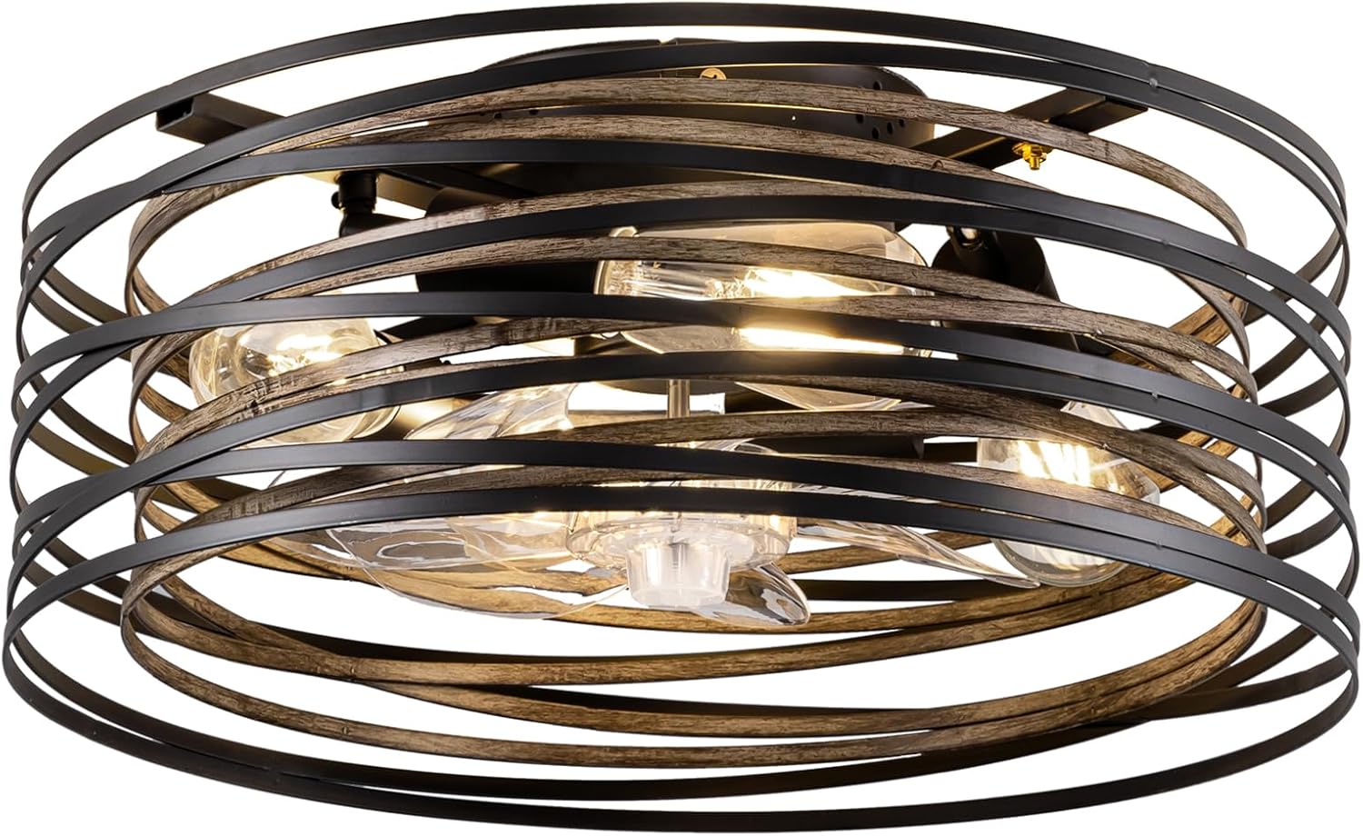 Modern Farmhouse Caged Ceiling Fans with Lights and Remote, Small Flush Mount Low Profile Chandelier Ceiling Fan with Light,Rustic Round Drum Black and Retro Wood for Bedroom,Dining Room,Kitchen