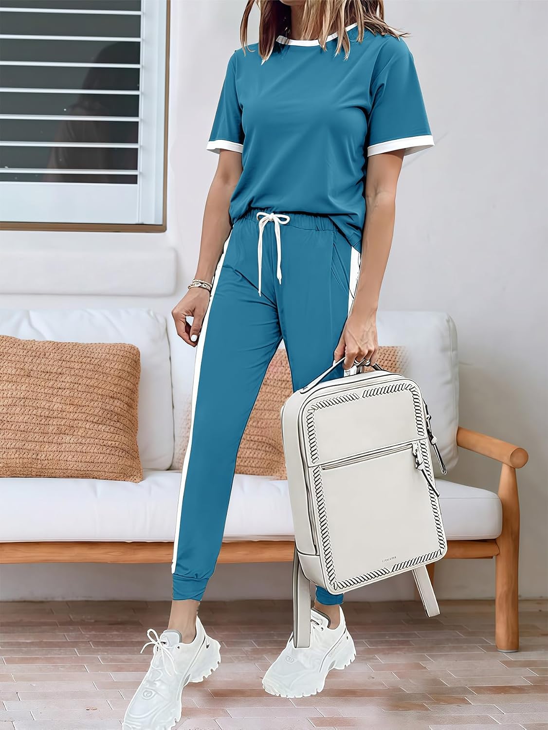 Women 2 Piece Outfits 2026 Summer Casual Sweatsuits Short Sleeve Top Lounge Sets Long Pants Tracksuits Set with Pocket