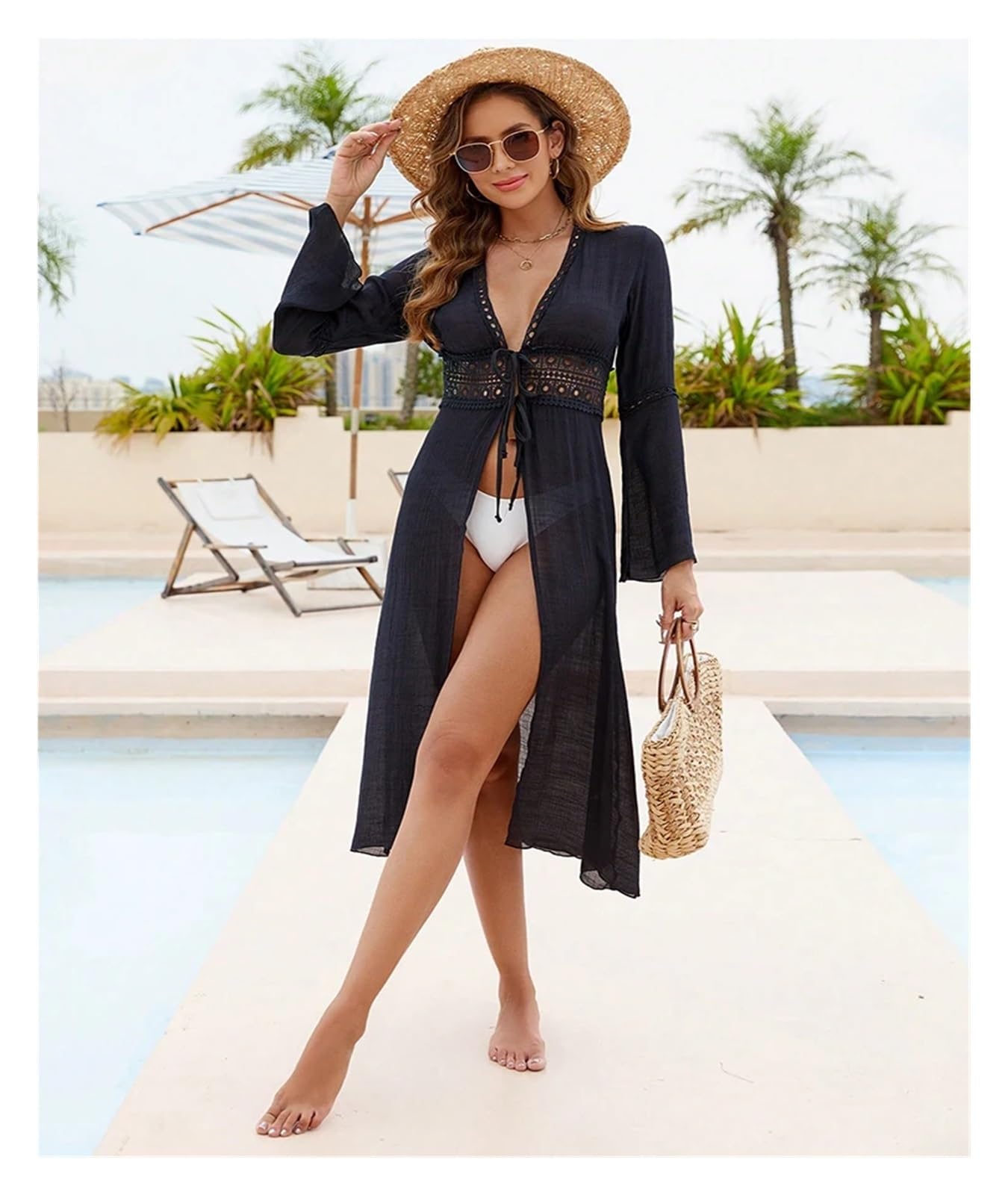 Copri Costume Mare Donna Kimono, Costumi da Bagno, Copricostume, Maniche Lunghe, Scollo a V, Pareo, Abbigliamento da Spiaggia, Protezione Solare, Abbigliamento da Spiaggia in Maglia
